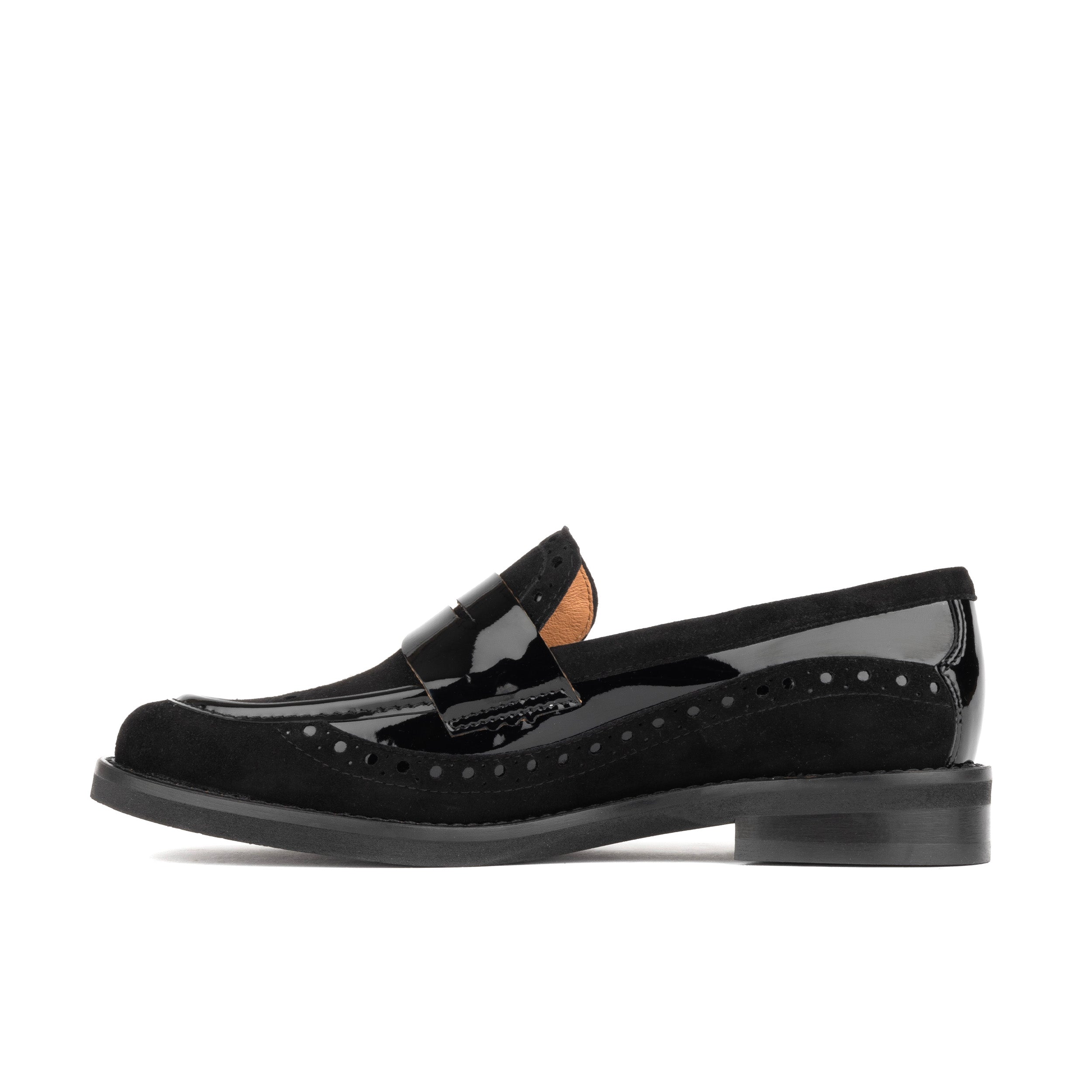 Angelina - Black - Women's leather almond toe penny loafer with broguing