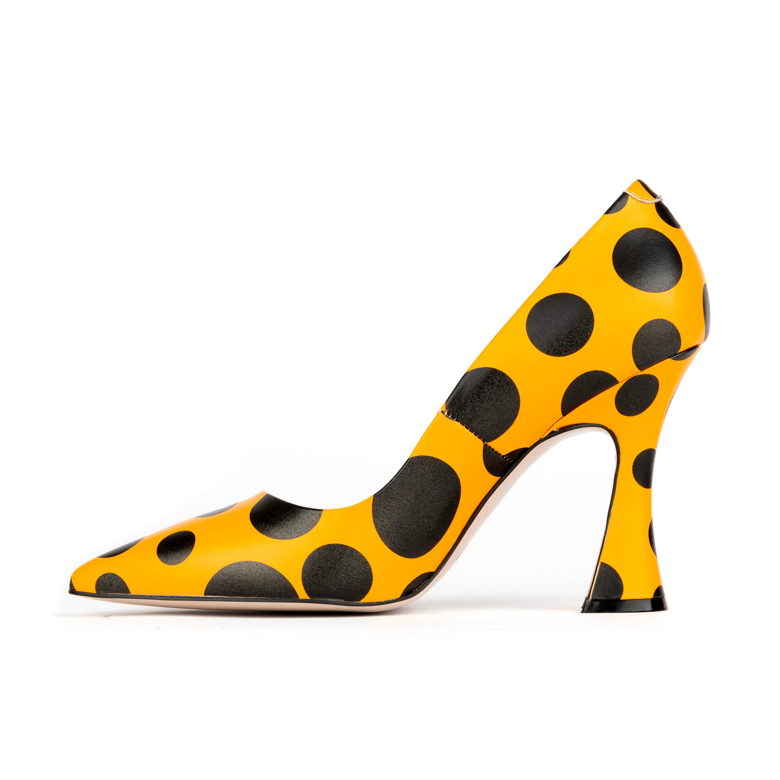 Emily - Black Orange Polka - Women's leather pointy 4 inch pump in orange and black dots