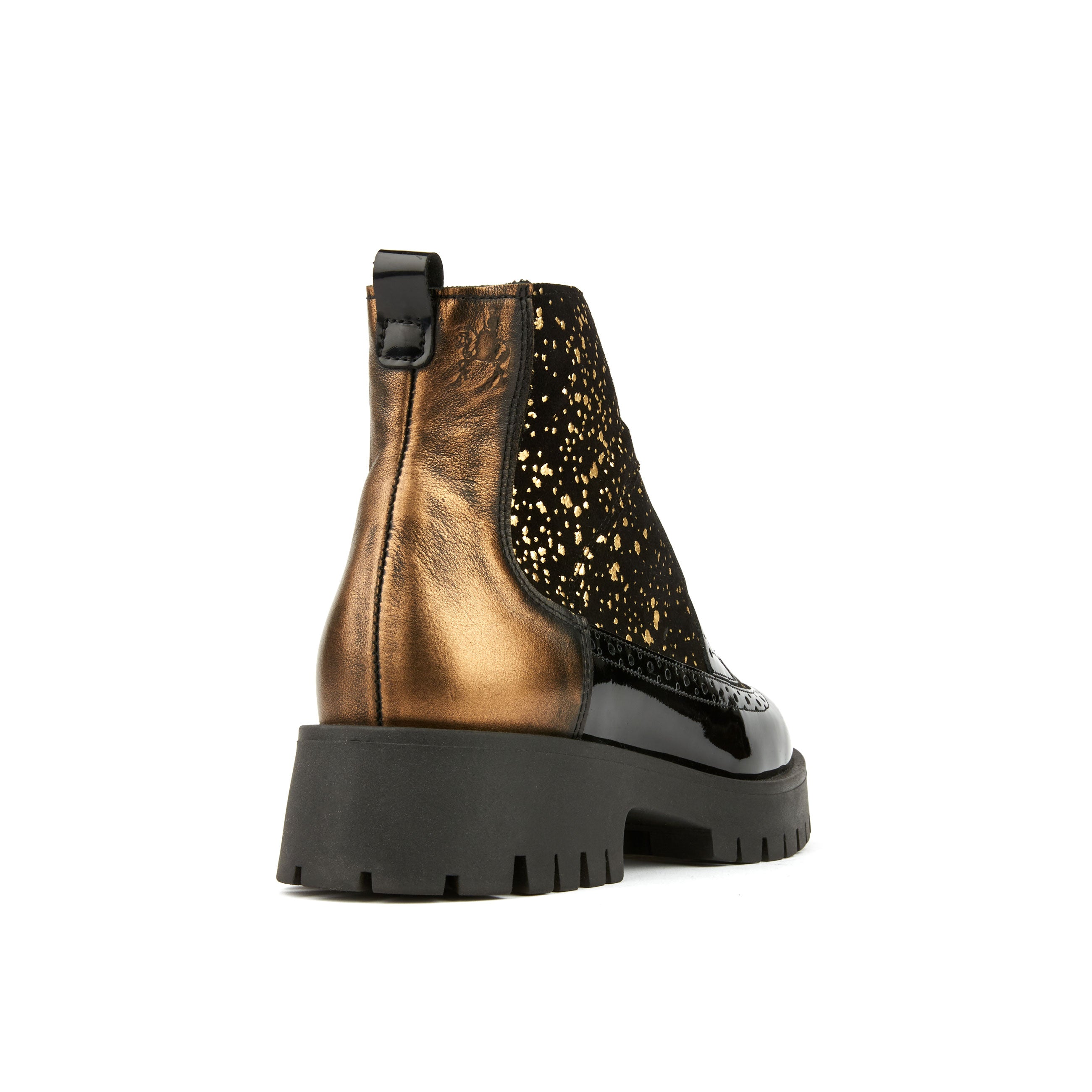 Hatter Platform - Drops - Women's ankle boot in golden paint drops on black leather