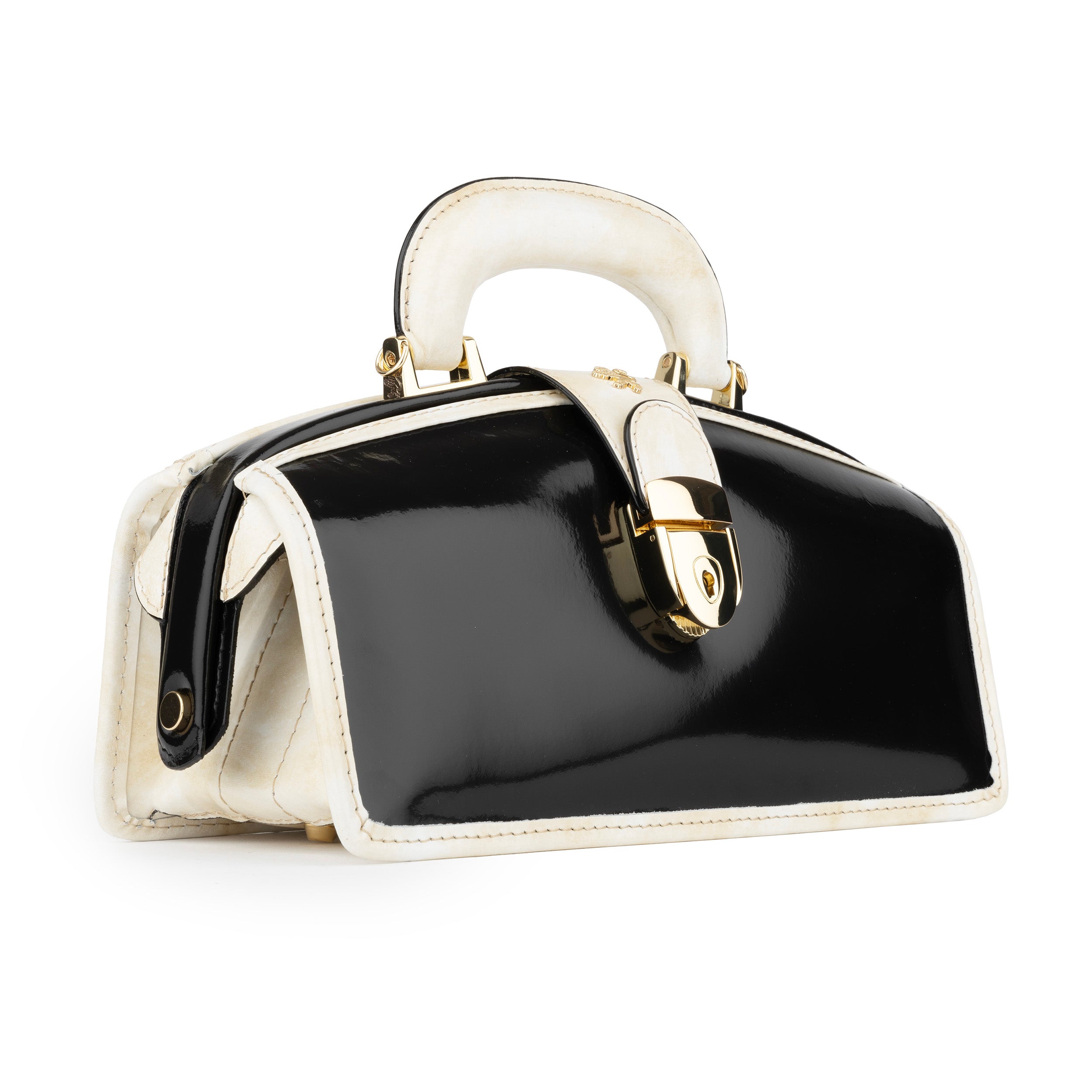 Gazelle - Black & Cream - Women's patent clutch bowling bag with handle and strap