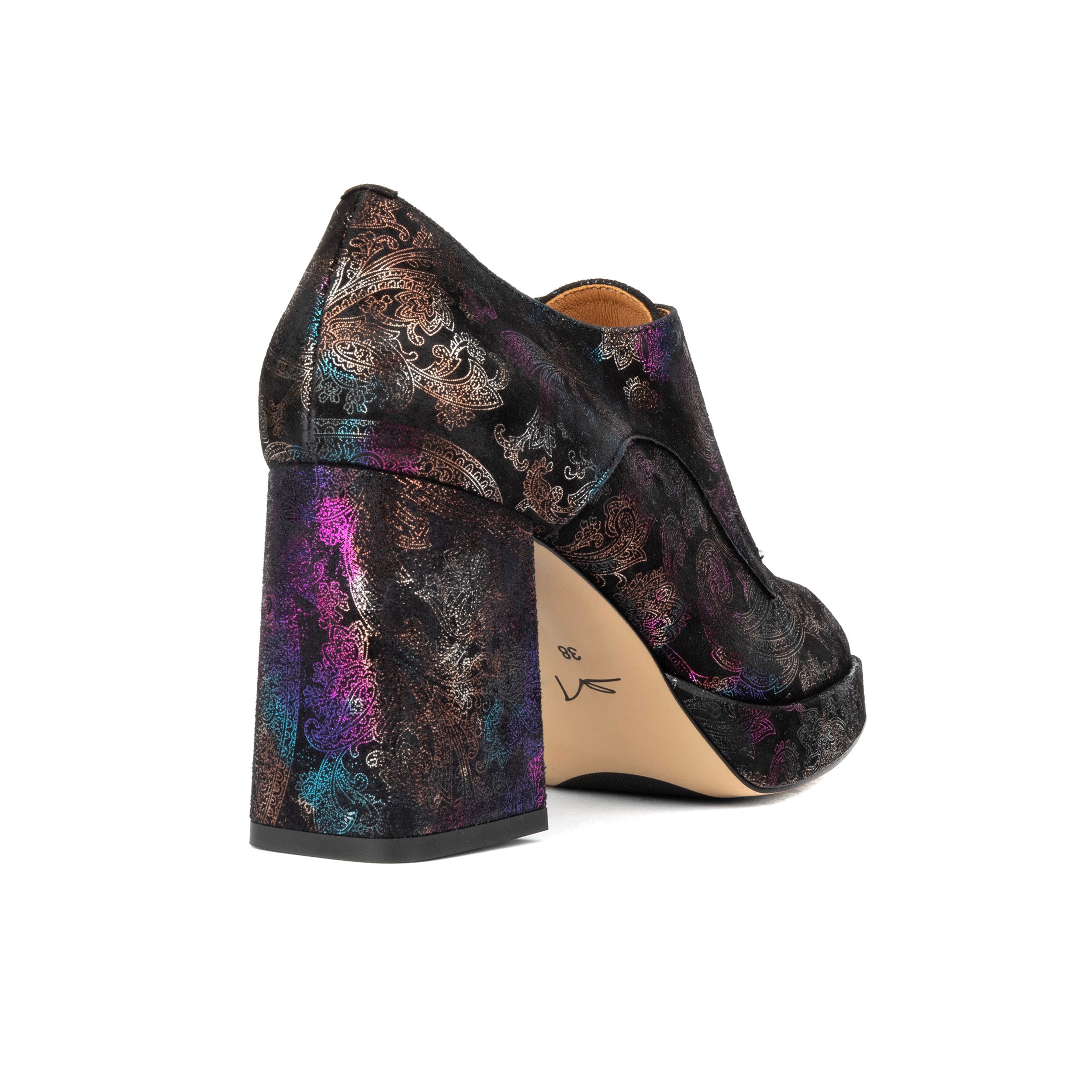 Roulette Platform - Black Foil - Women's leather oxford pump with platform and block heel