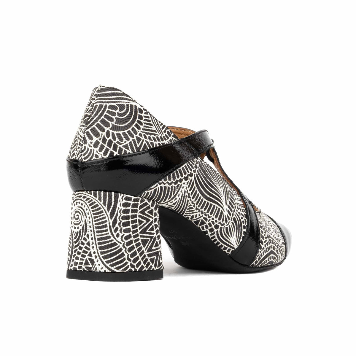 Harlowe High - Black & White & Graphic Print - Women's leather block heel pumps