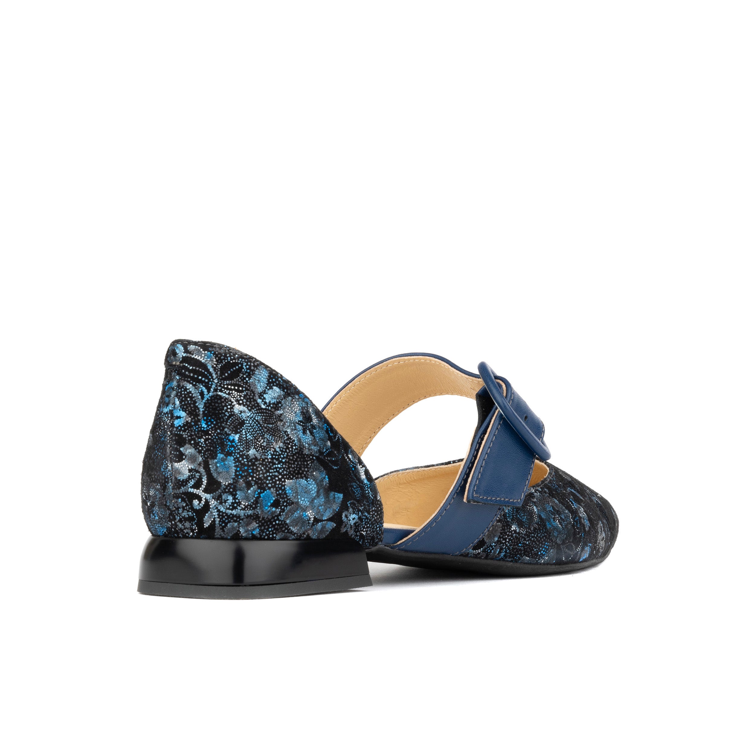 Lush - Navy & Floral - Women's leather pointed ballet pump with buckle strap