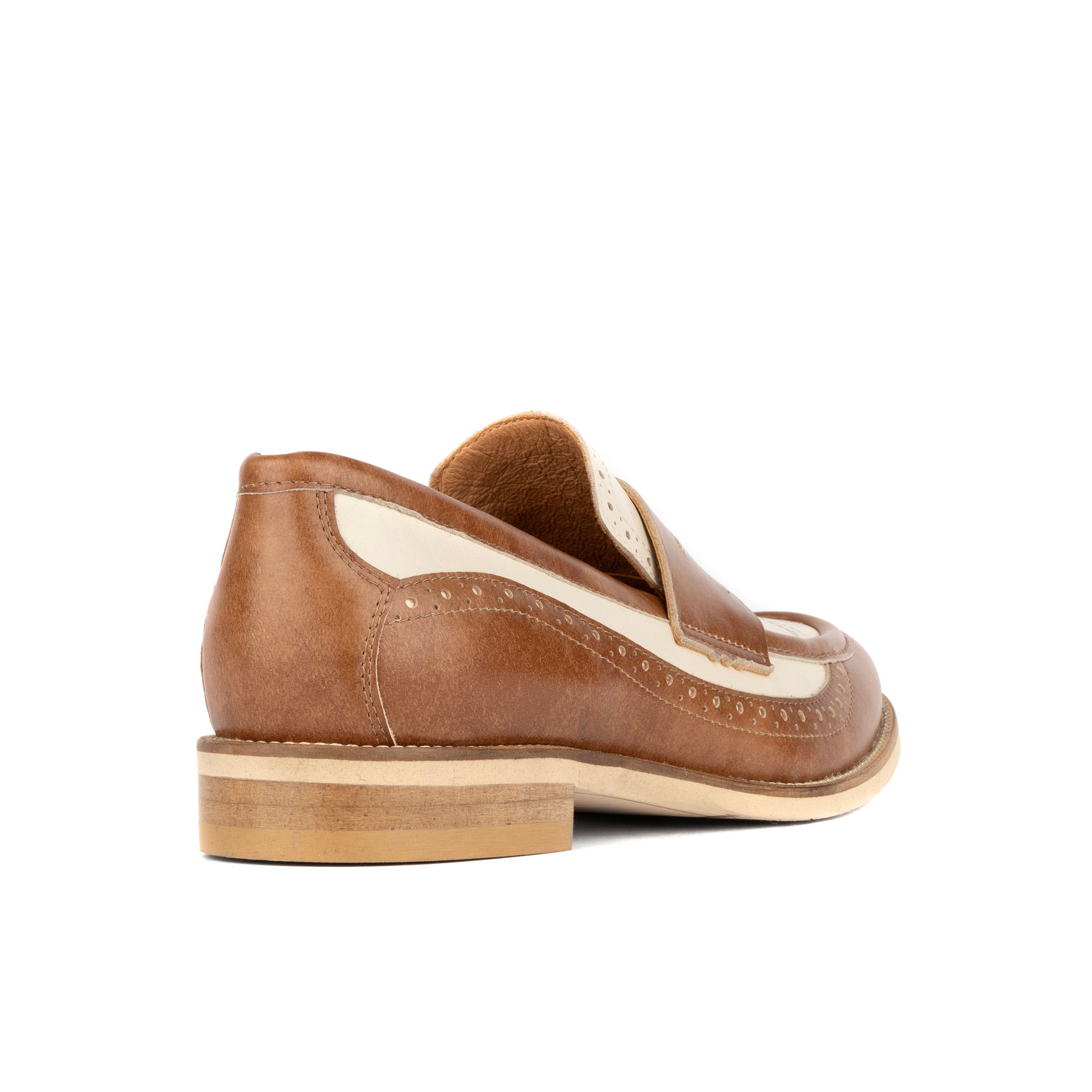 Angelina - Tan & Cream - Women's leather almond toe penny loafer with broguing
