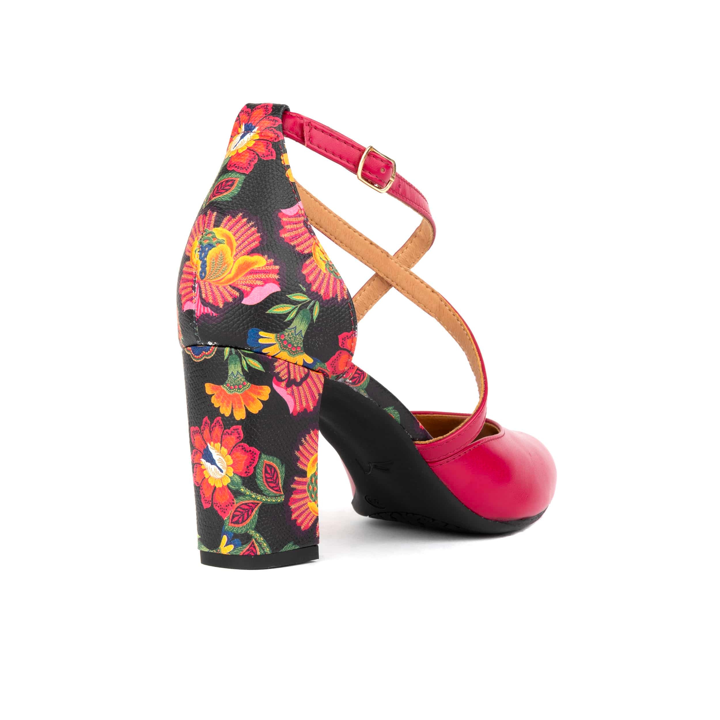 Kylie - Pink & Red Flowers - Women's leather strappy 3 inch block heel