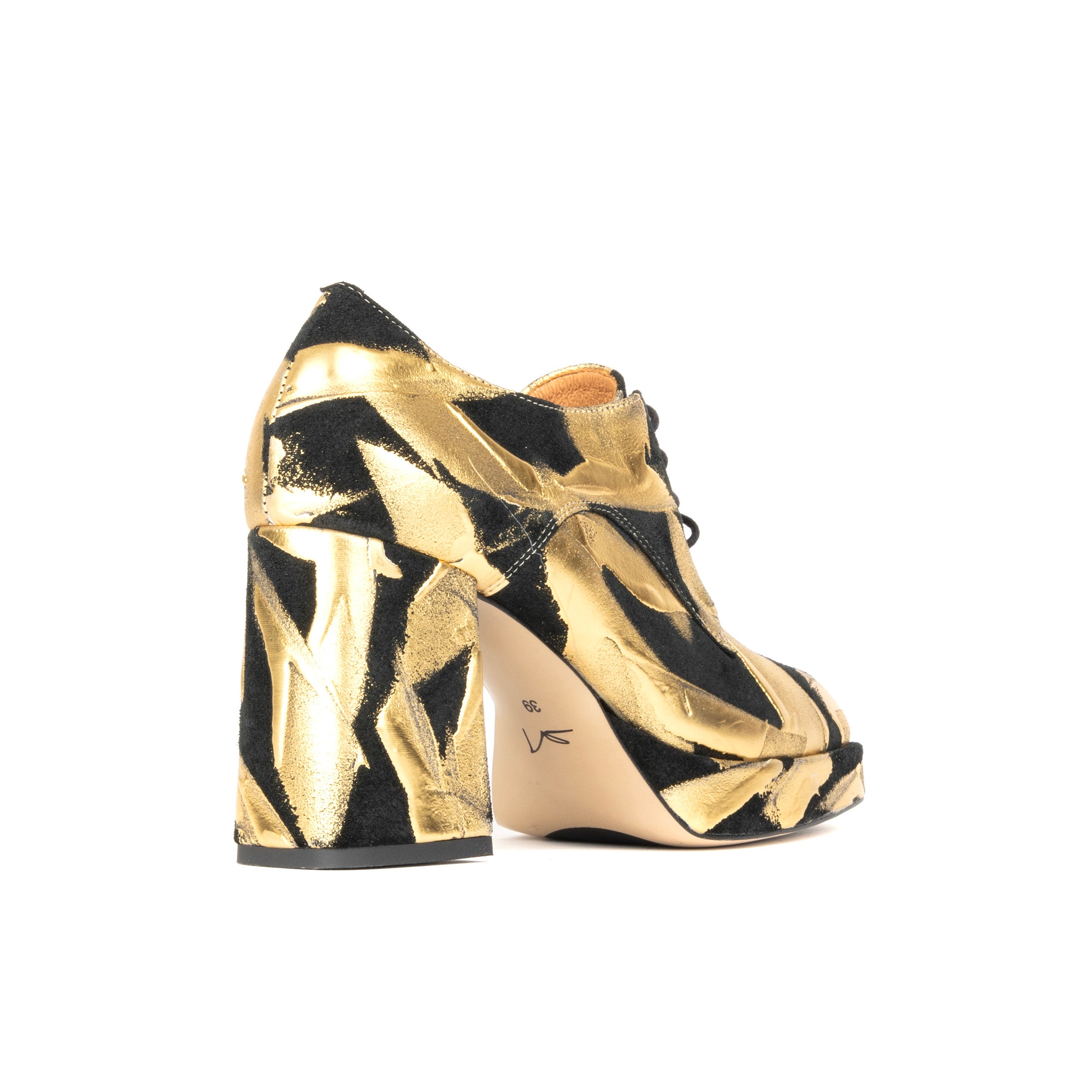 Roulette Platform - Gold - Women's leather oxford pump with platform and block heel