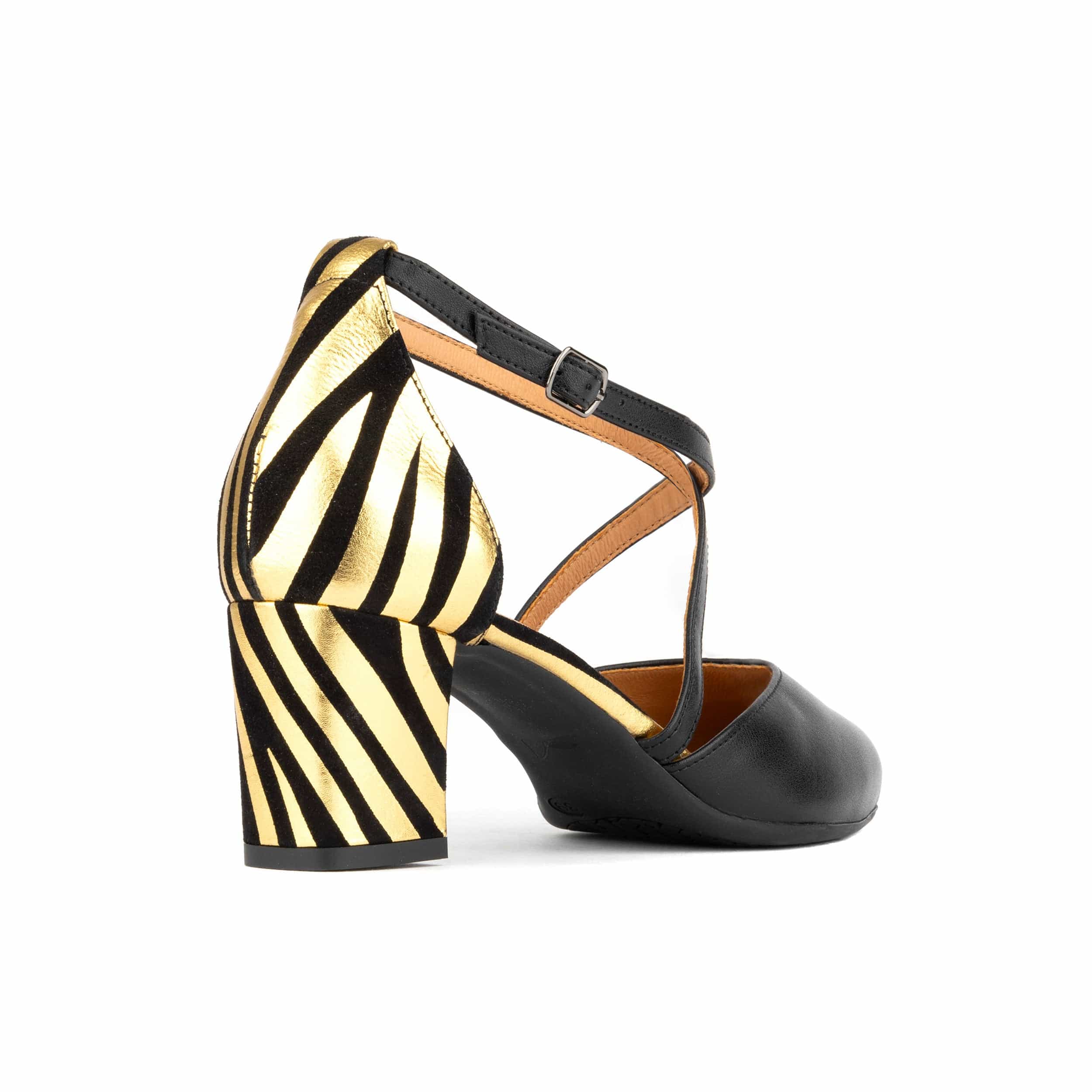 Danni - Black & Gold Stripes - Women's leather closed-toe block heel with gold foil details
