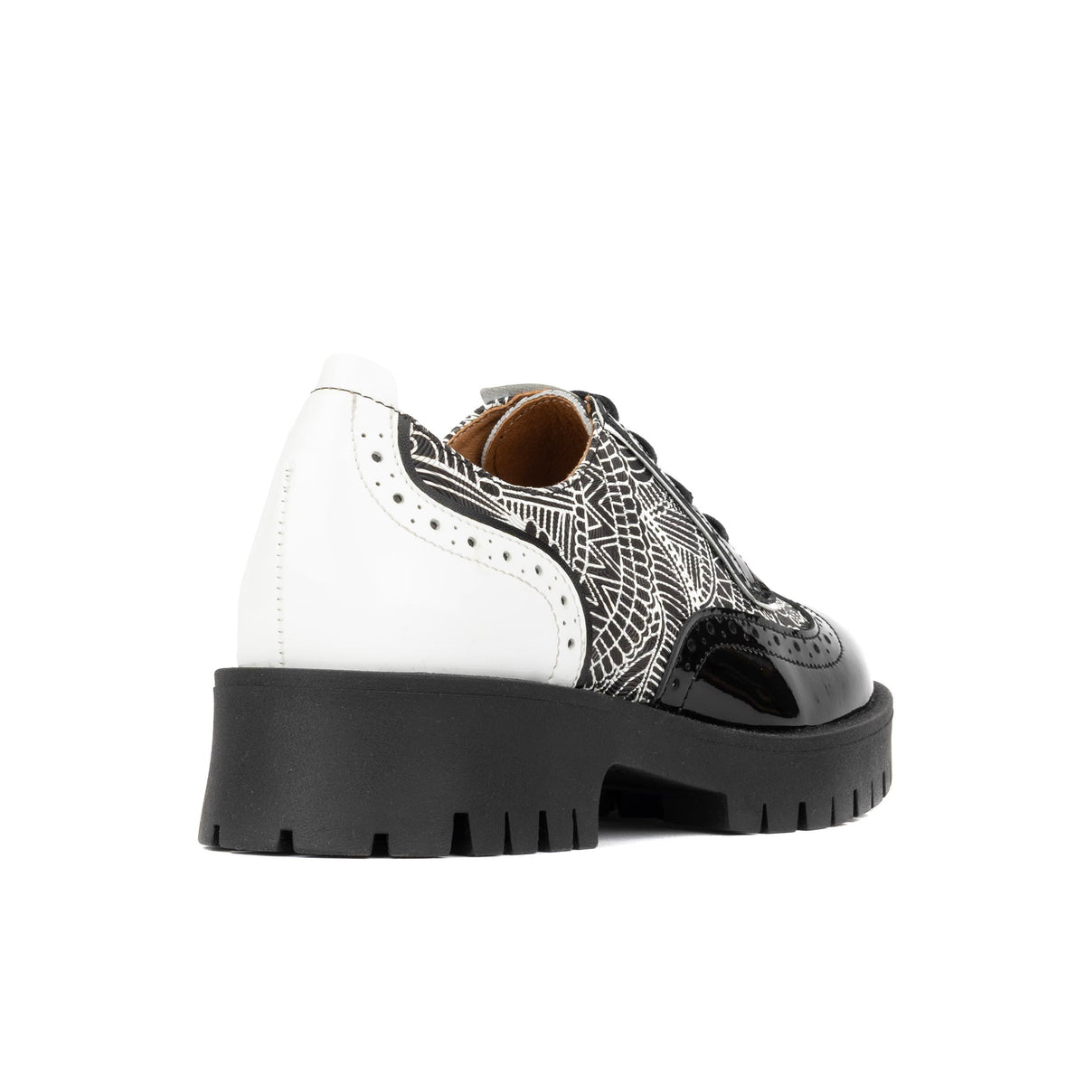 Artisan - Black & White & Graphic Print - Women's Leather Lace-up Shoe with Brogue Detailing