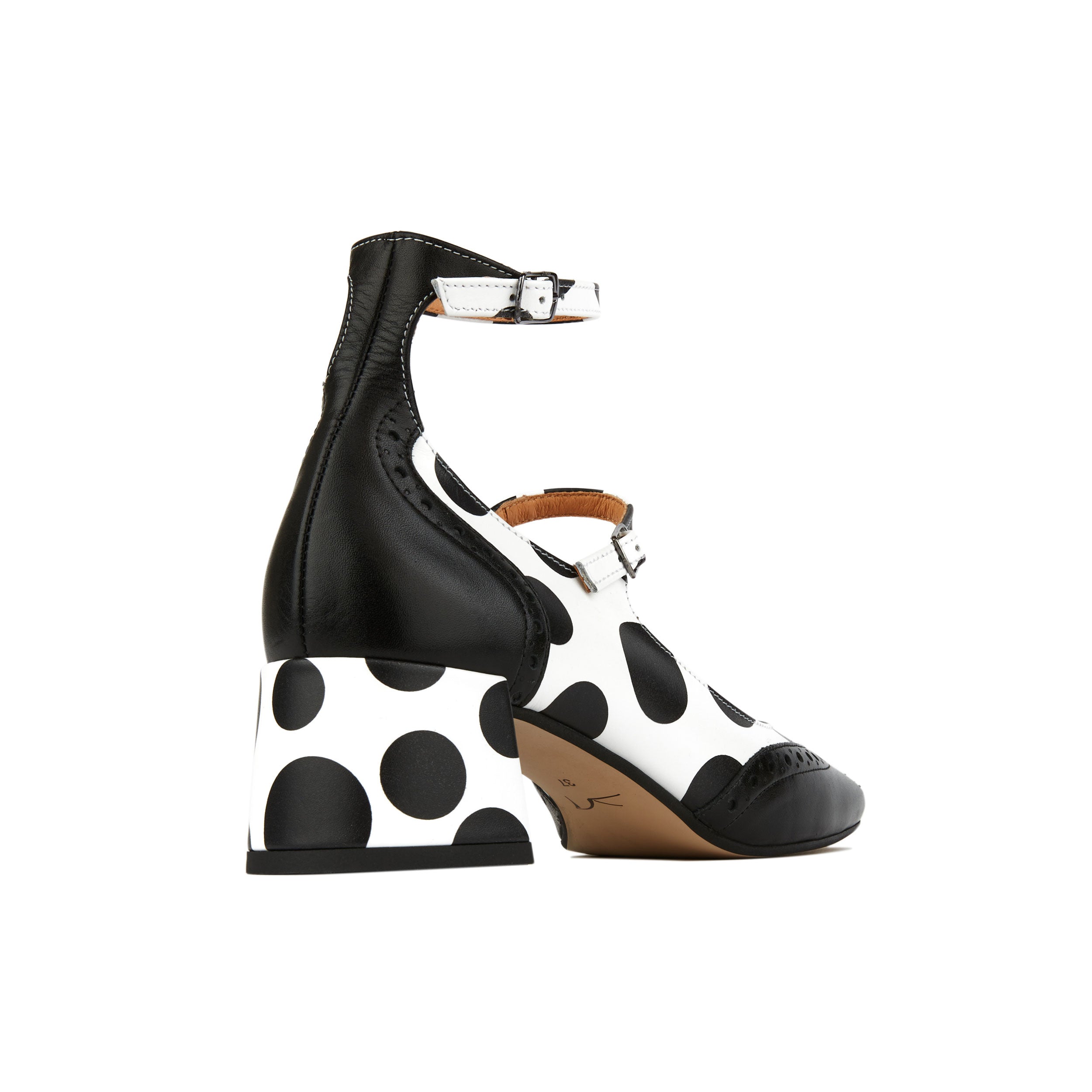 Mary Jane - Polka - Women's block heel square toe heel in white & black polka