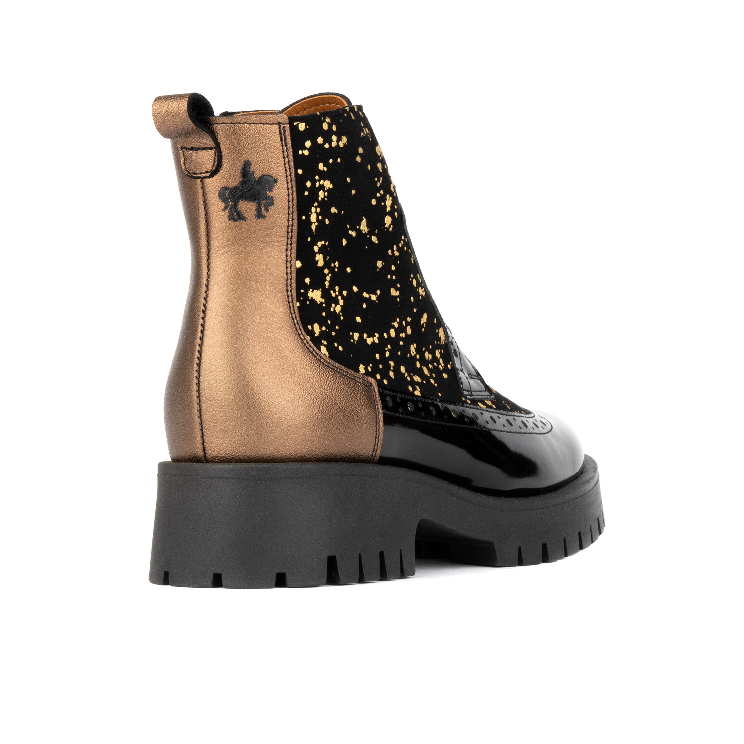Hatter Platform - Drops - Women's ankle boot in golden paint drops on black leather