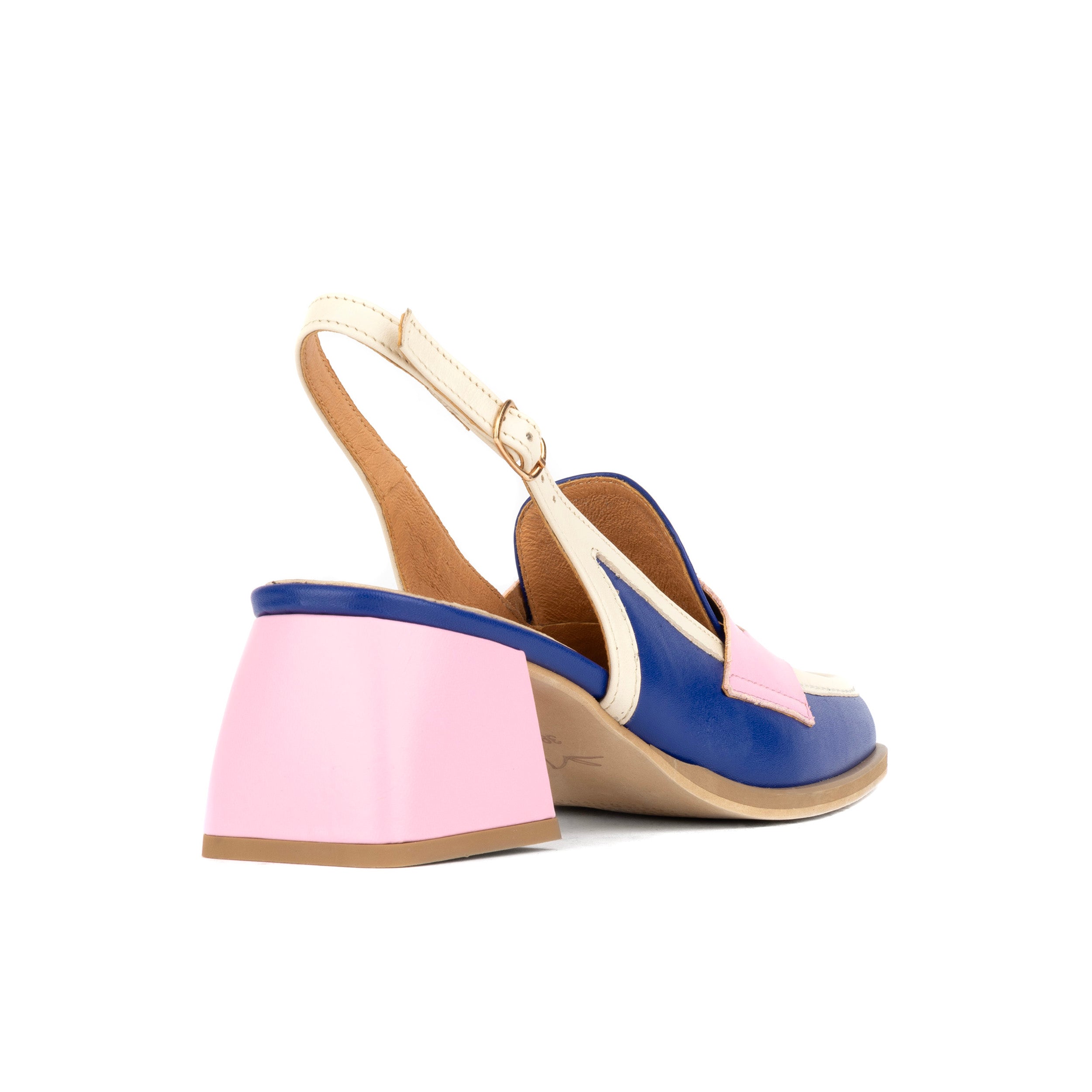 Diana - Blue & Cream & Pink - Women's block heel slingback leather pump