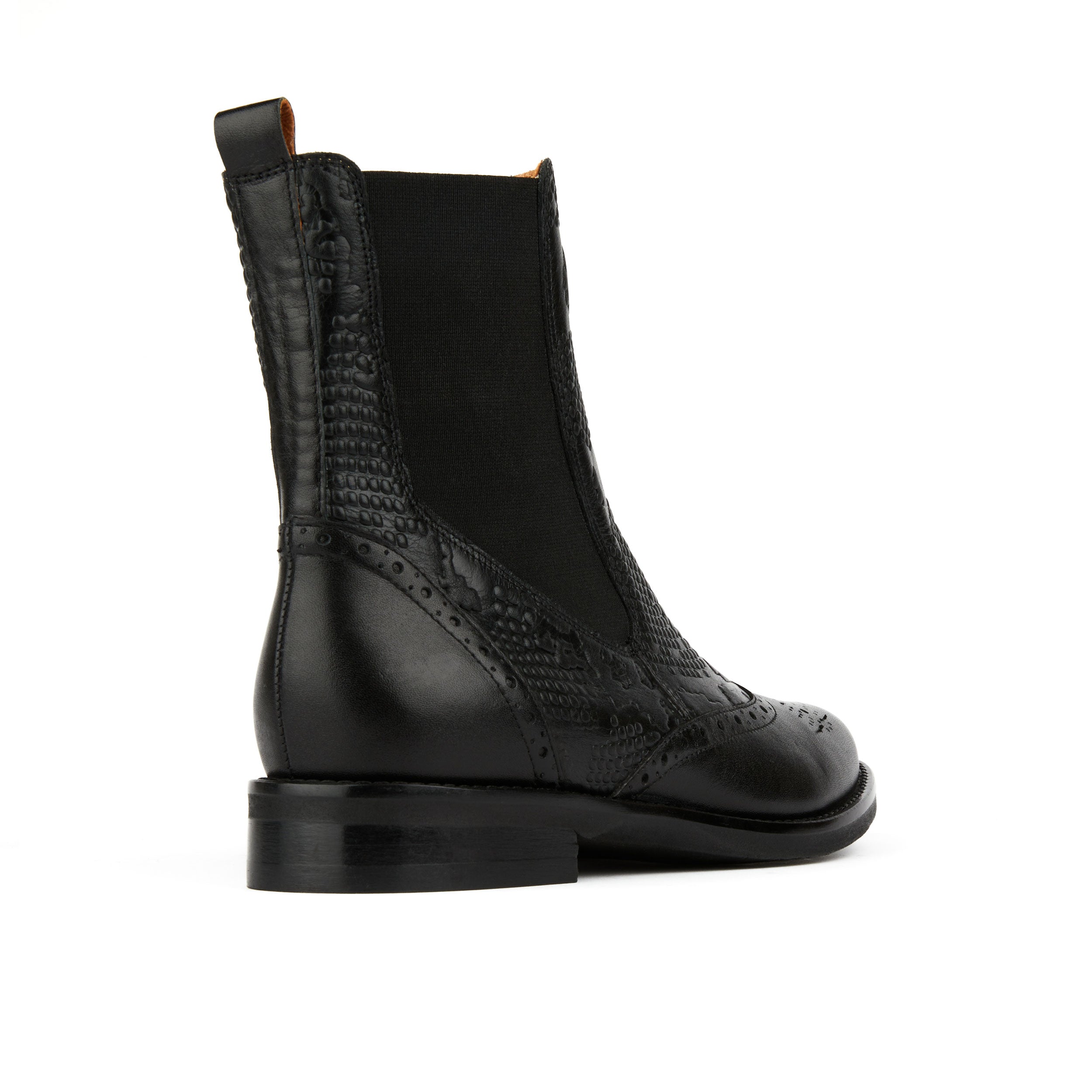 Catherine - Black Snake - Women's leather higher chelsea boot with broguing in black