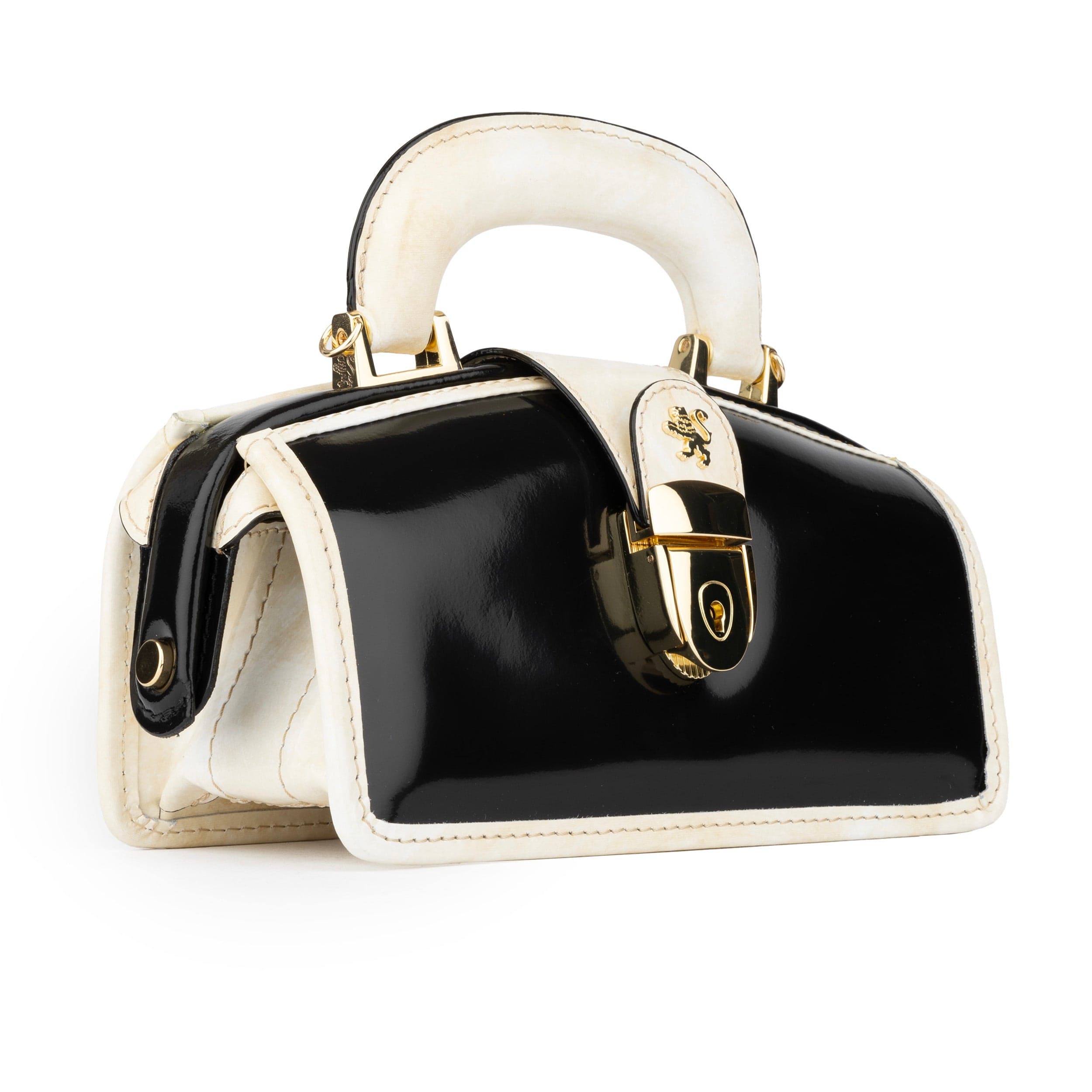Gazelle Mini - Black & Cream -Women's mini patent clutch bowling bag with handle and strap