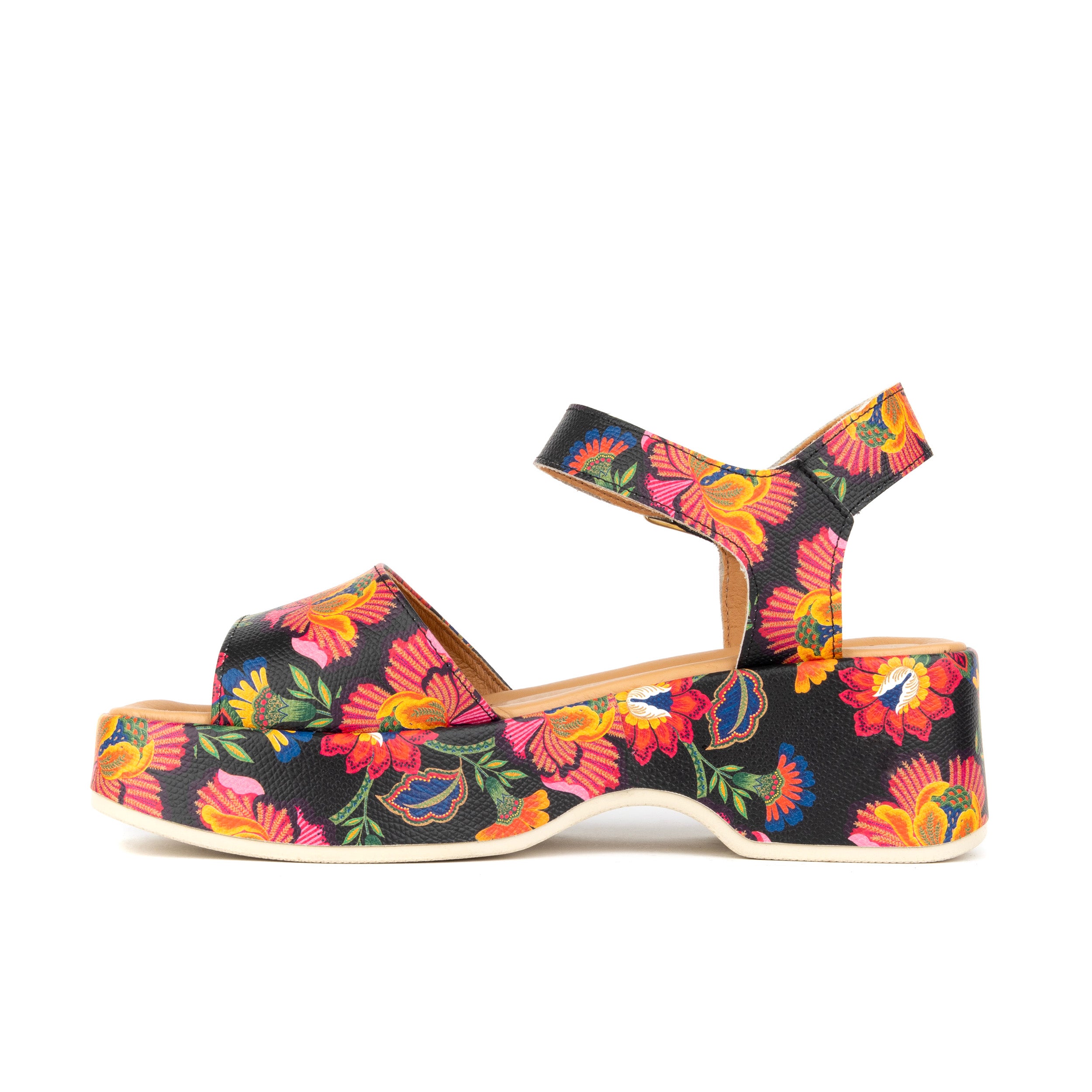 Palm Rise - Red Flowers - Women's Leather Platform Sandal