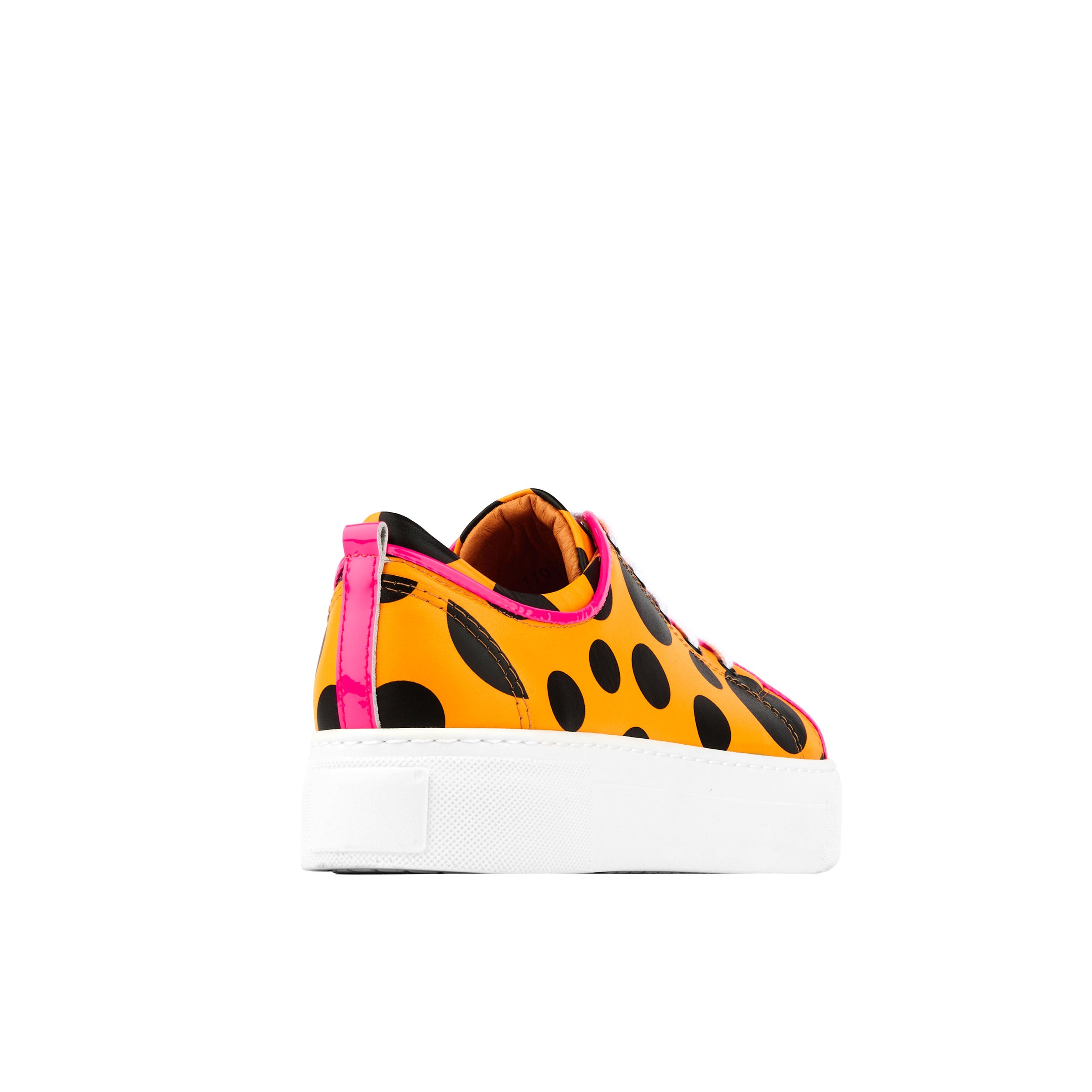 Camila - Orange Polka - Women's white platform sole leather trainer in polka dots