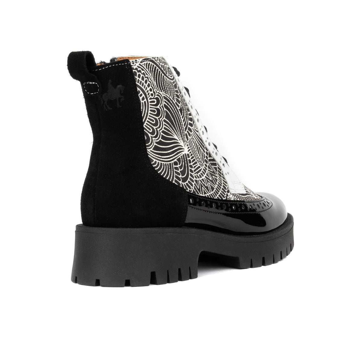 Hatter Platform - Black & White & Graphic Print - Women's Leather ankle Lace-up Boot with chunky cleated sole