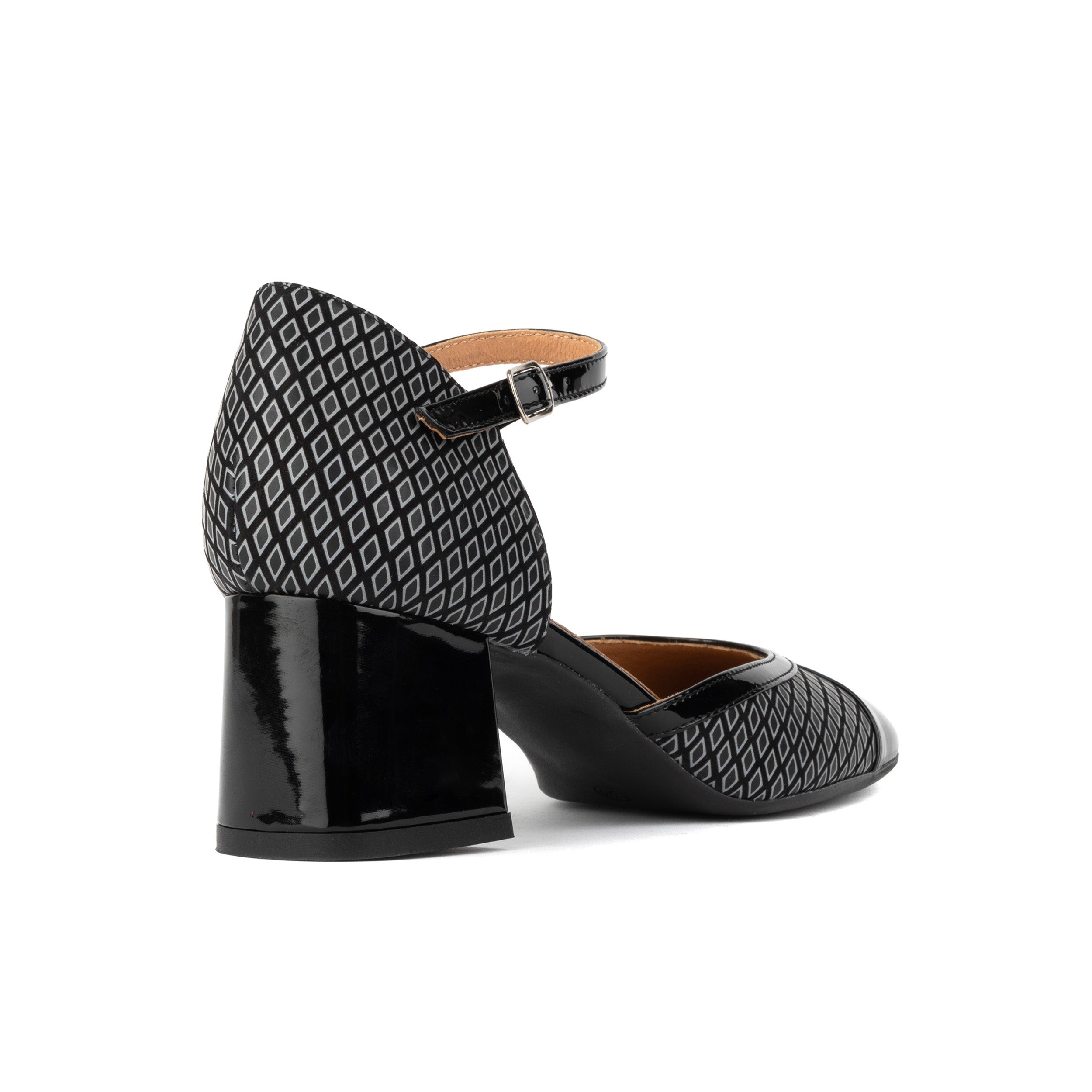 Kemi -  Black & Grey Diamonds - Women's Leather Almond-Toe Block Heel