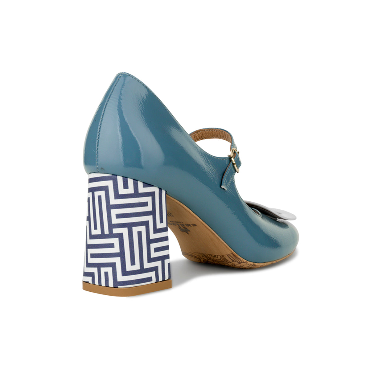Button - Light Blue & Maze Print - Women's Leather Round-toe Mary Jane Pump with Block Heel