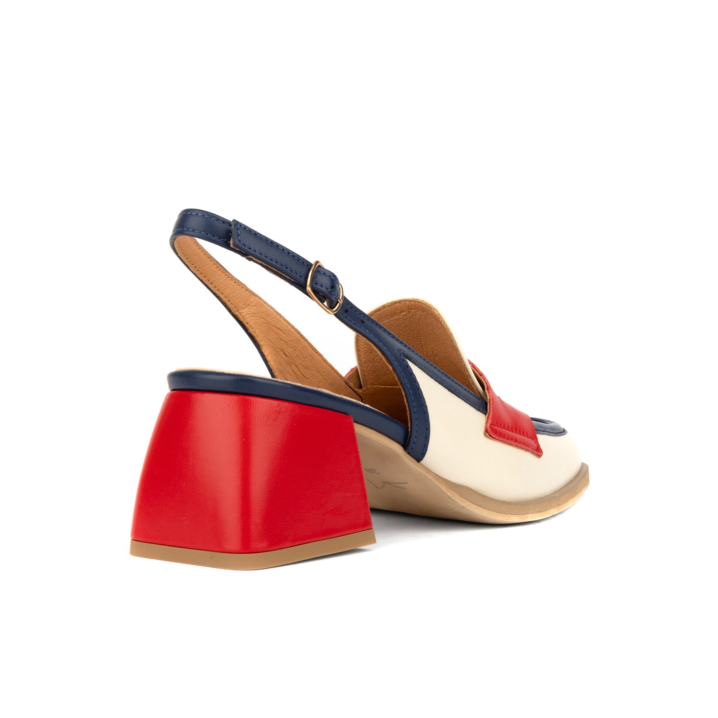 Diana - Cream & Red & Blue - Women's block heel slingback leather pump