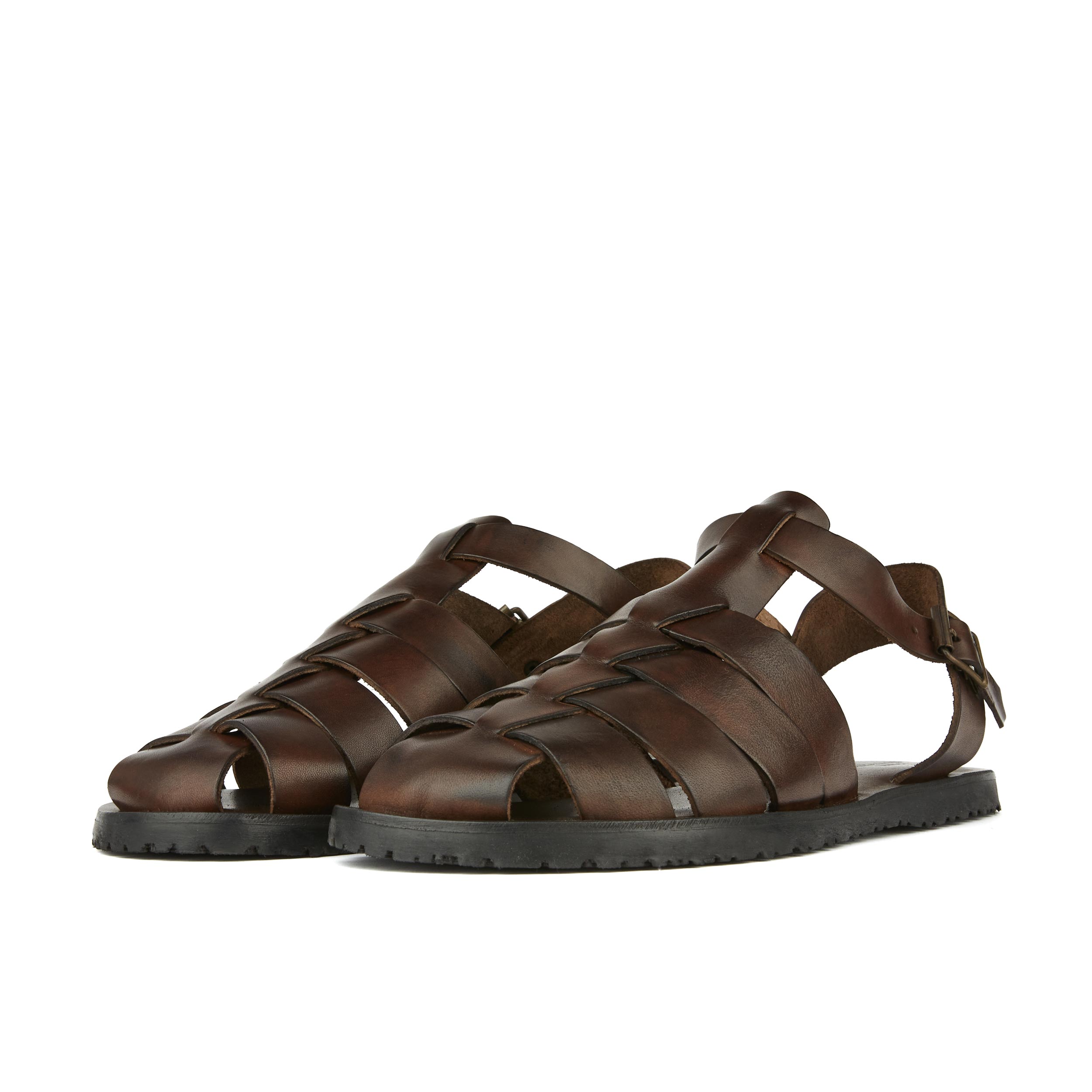 Hampton - Brown - Men's fishermen flat leather sandal with covered toes