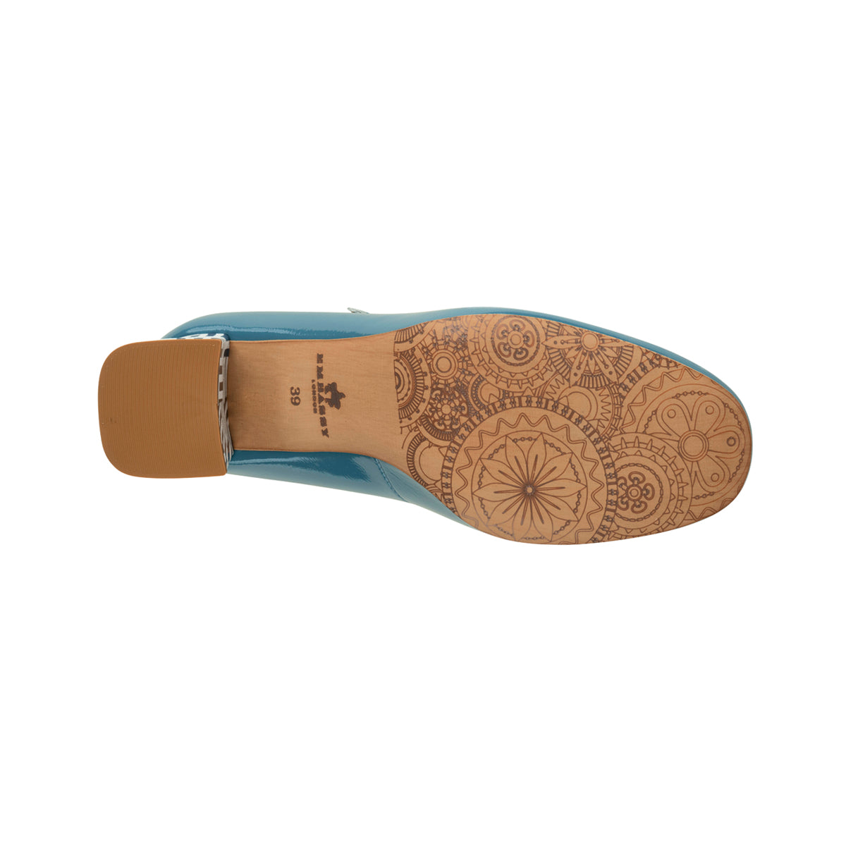 Button - Light Blue & Maze Print - Women's Leather Round-toe Mary Jane Pump with Block Heel