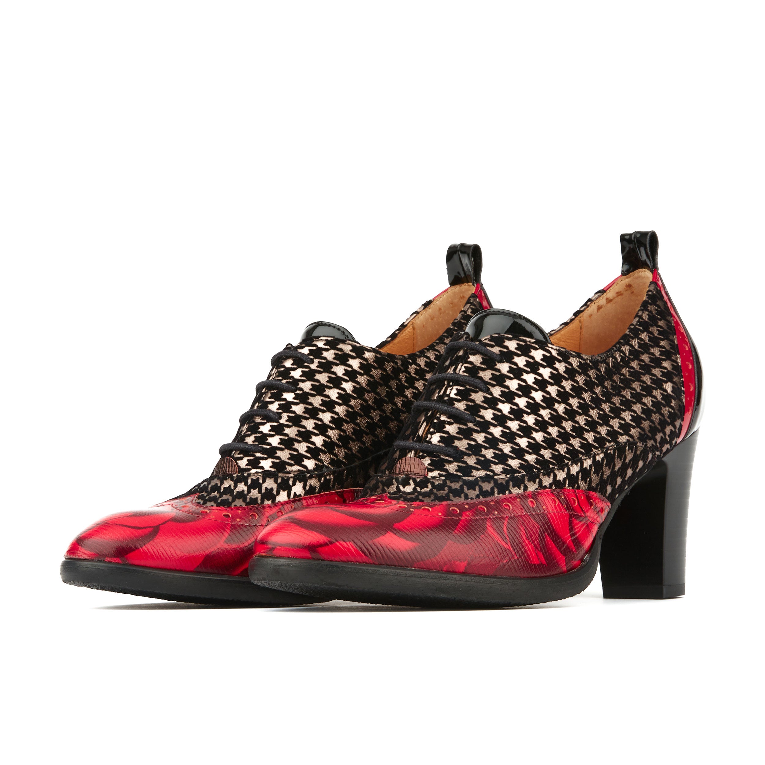 Casino - Red Houndstooth - Women's leather oxford pump in block heel with broguing