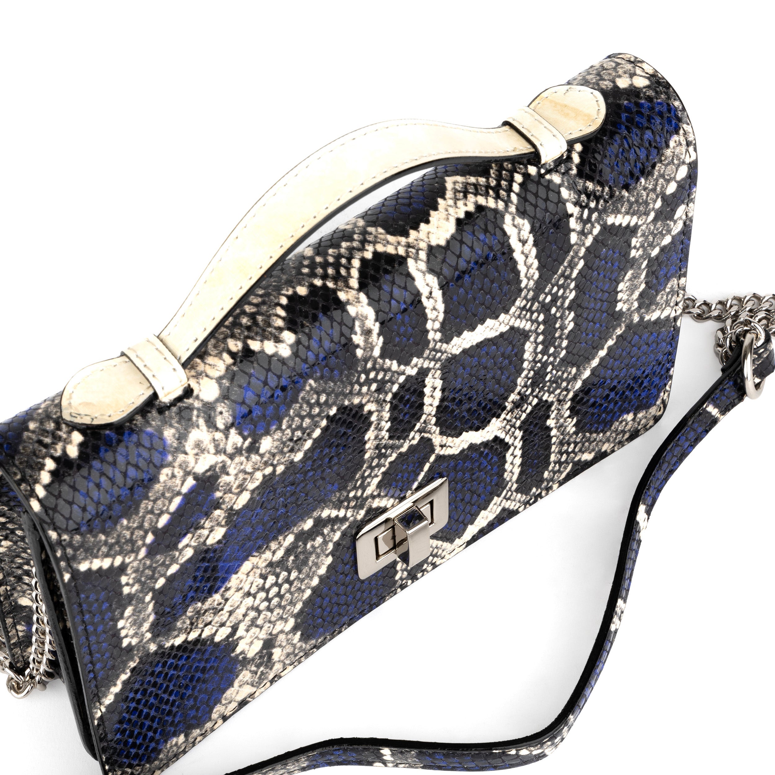 Envy - Blue Snake - Women's leather flap clutch bag with strap