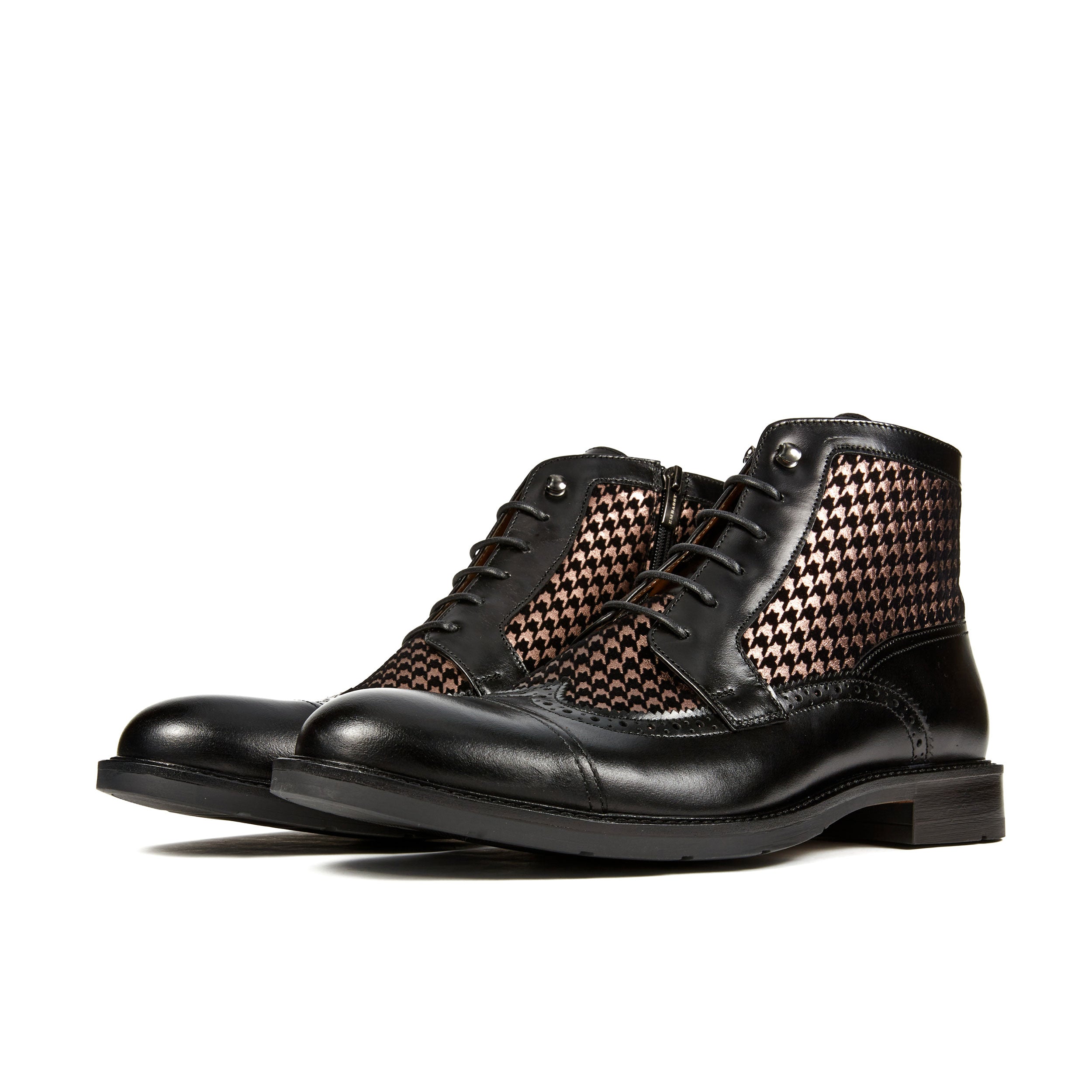 Charles - Houndstooth - Men's leather toe cap dressy boot in black and houndstooth