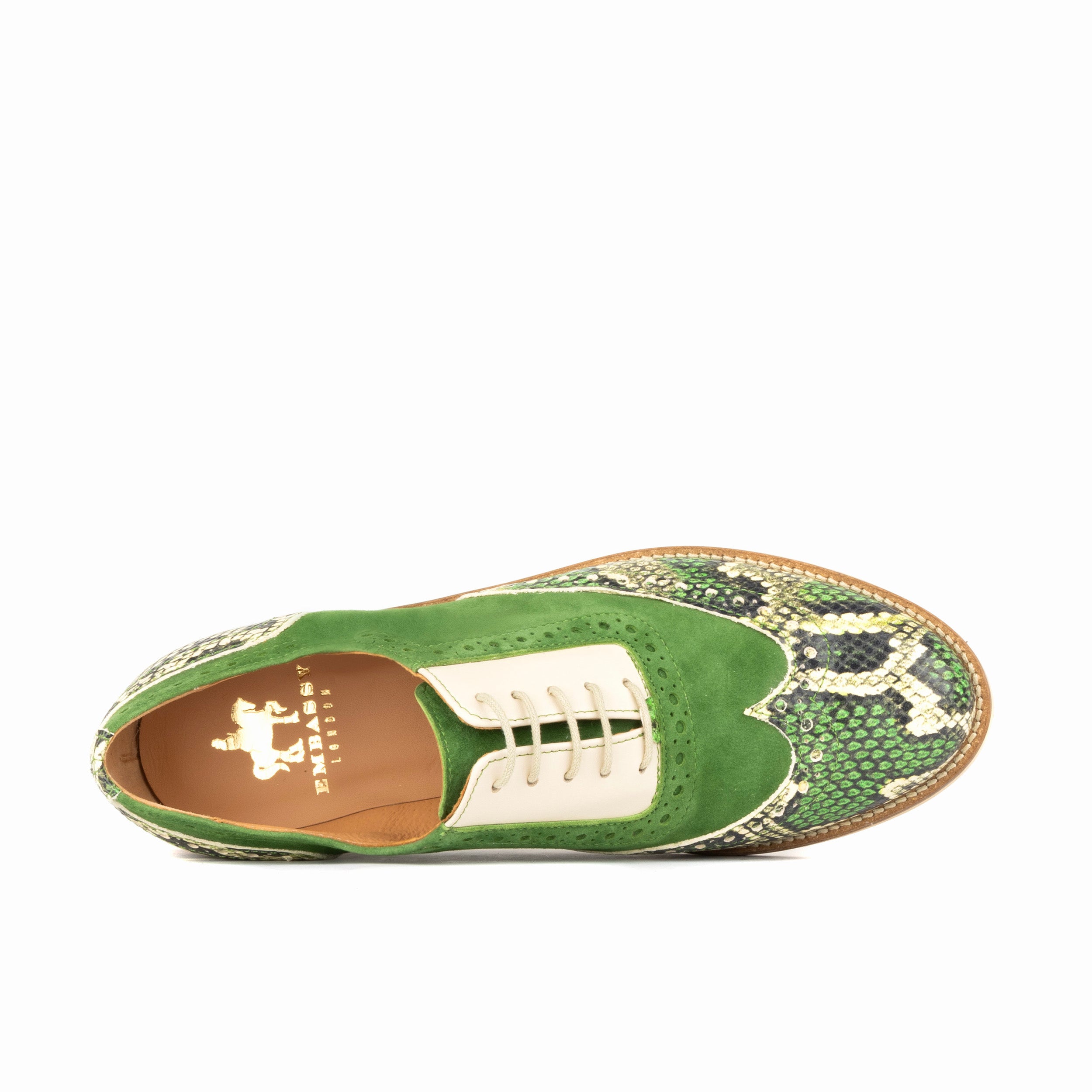 Vivienne - Green Snake - Women's almond toe lace up leather oxfords with broguing