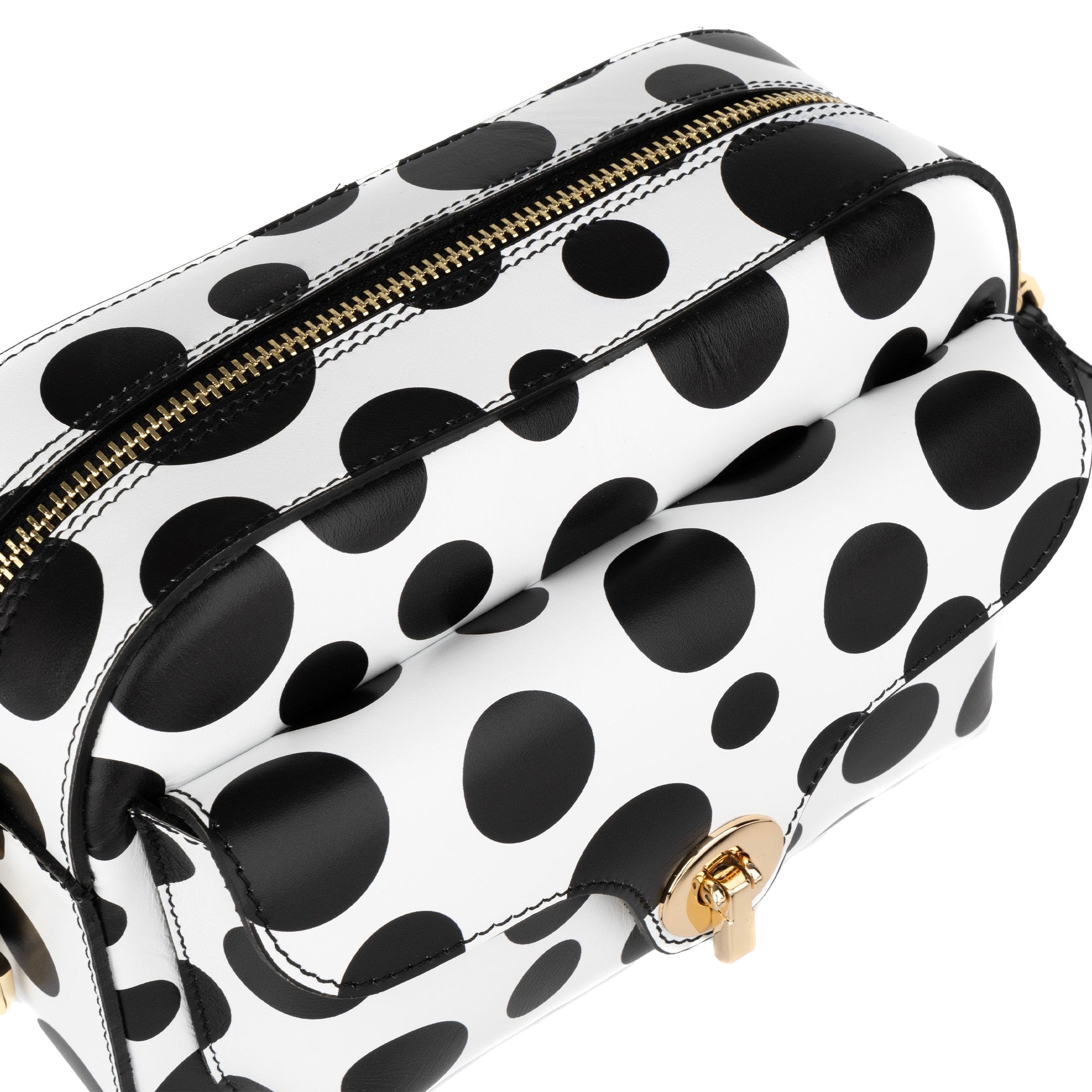 Lady Camara - Black & White Polka - Women's zip-up crossbody bag with shoulder strap and front pocket
