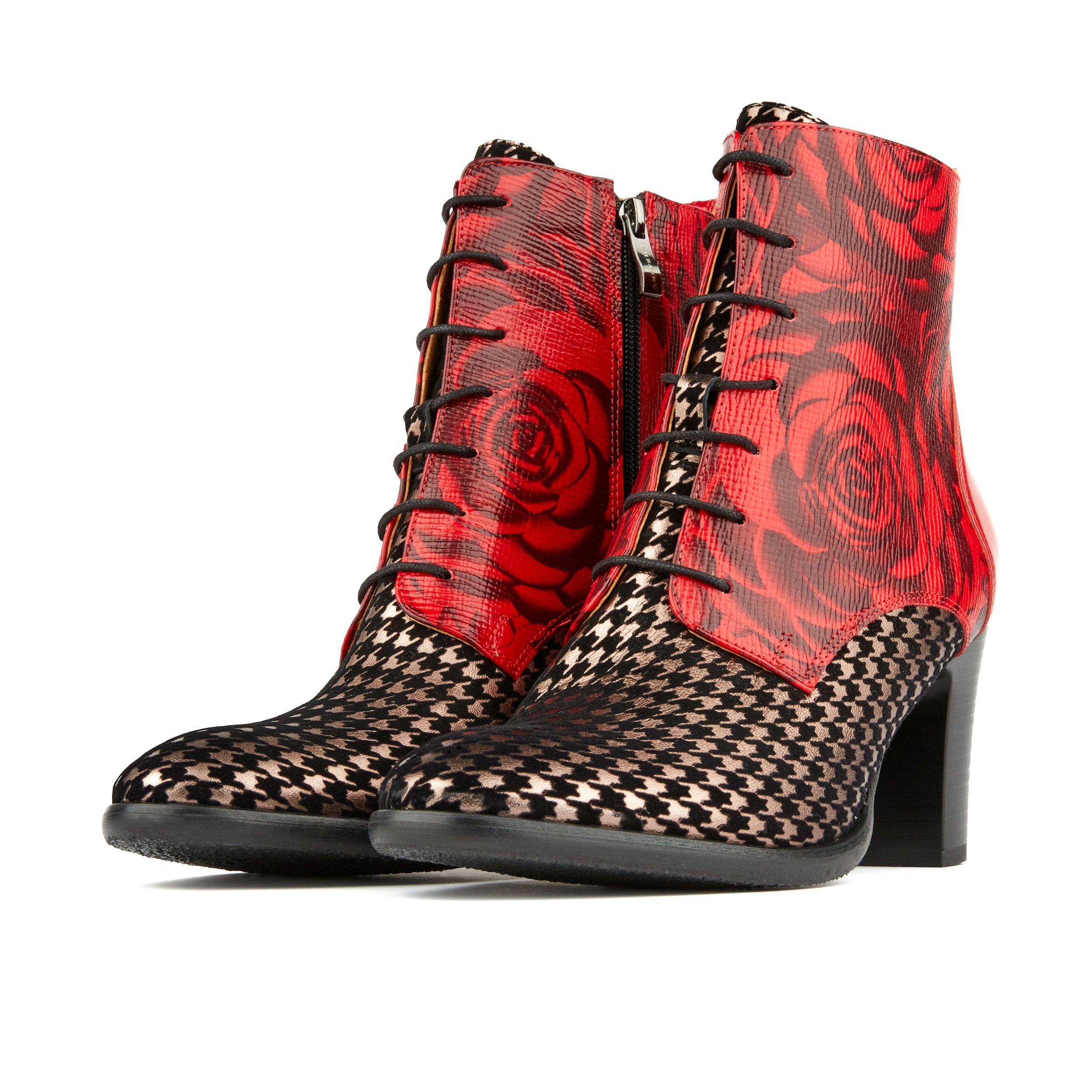 Merlin - Red Houndstooth - Women's block heel higher ankle leather boot in houndstooth