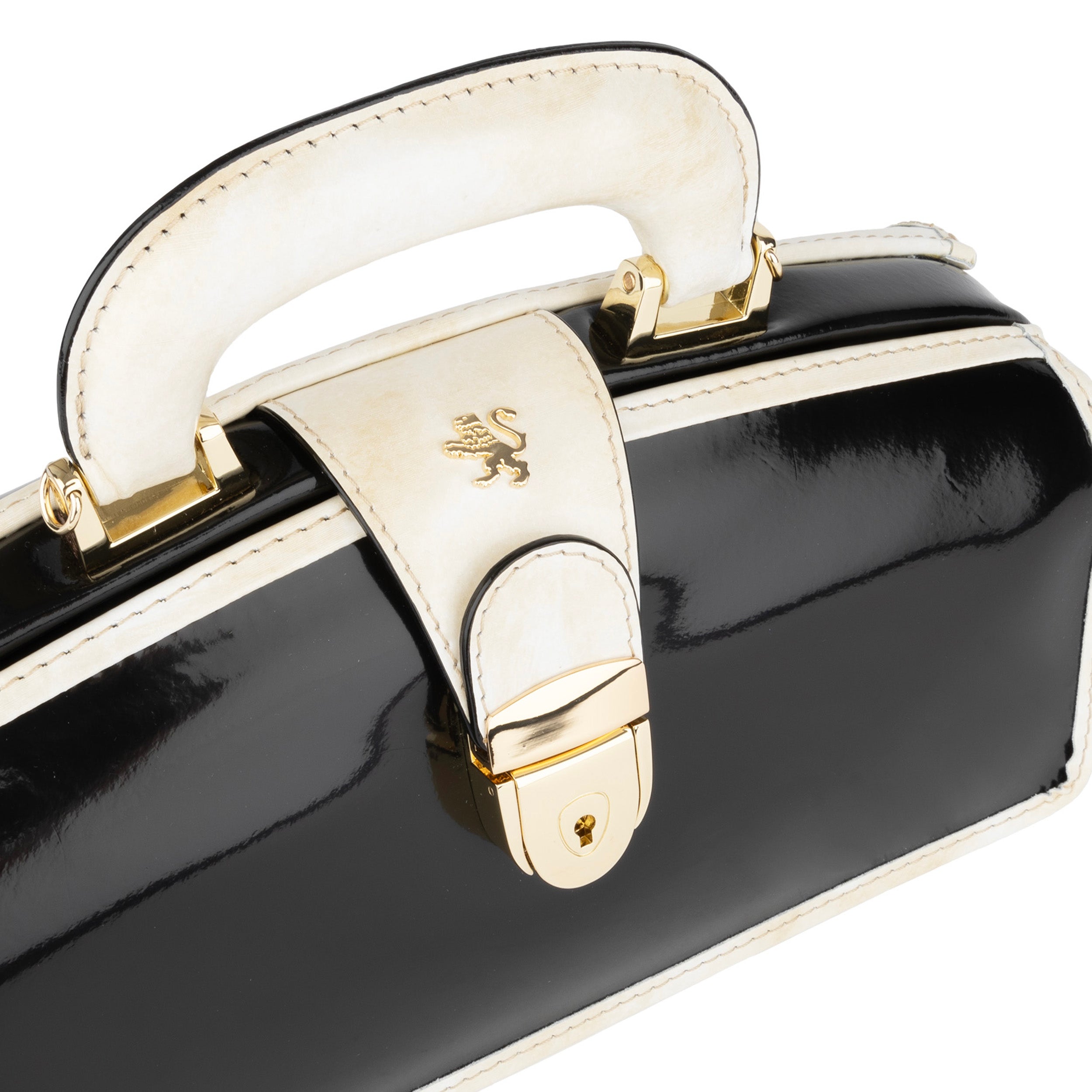 Gazelle - Black & Cream - Women's patent clutch bowling bag with handle and strap