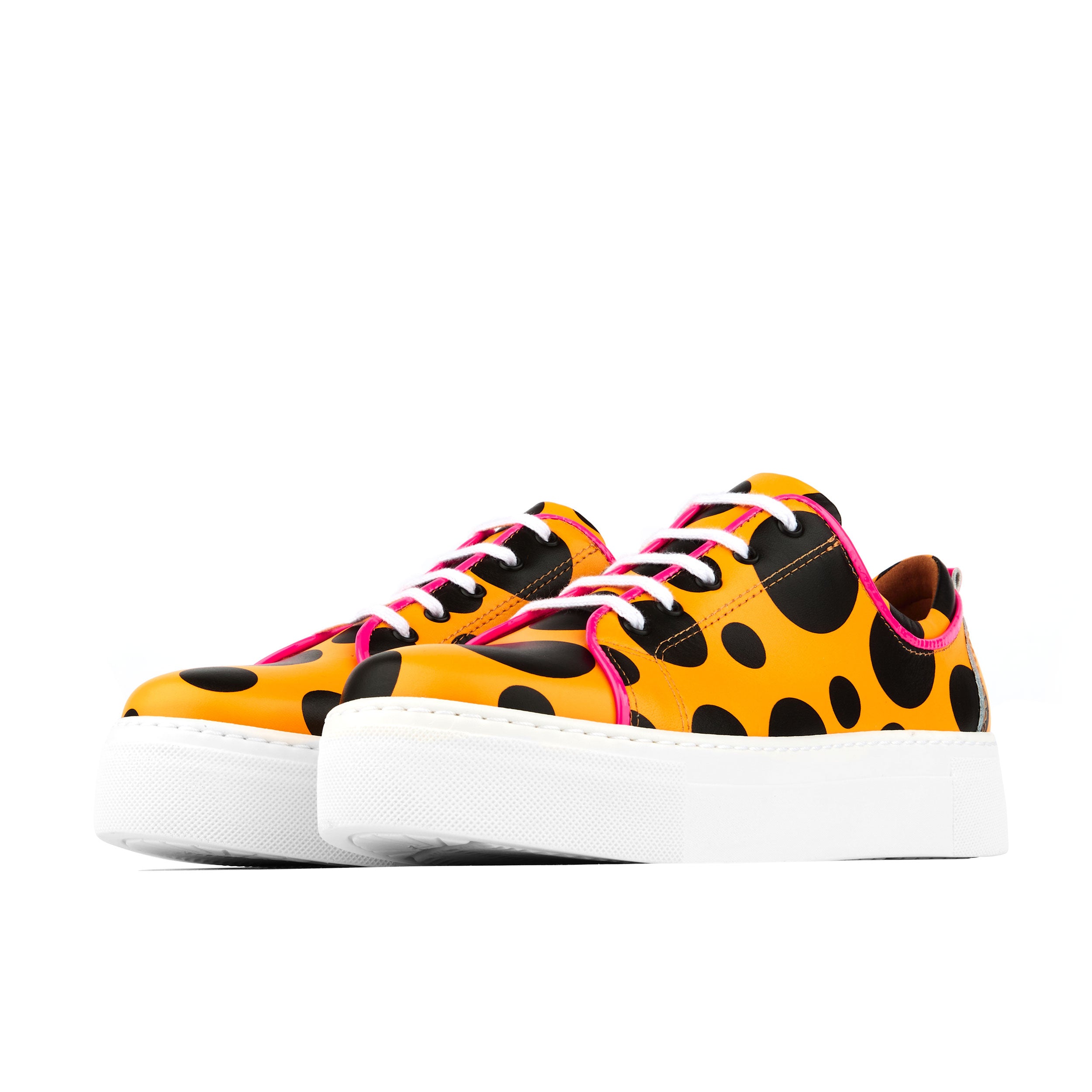 Camila - Orange Polka - Women's white platform sole leather trainer in polka dots