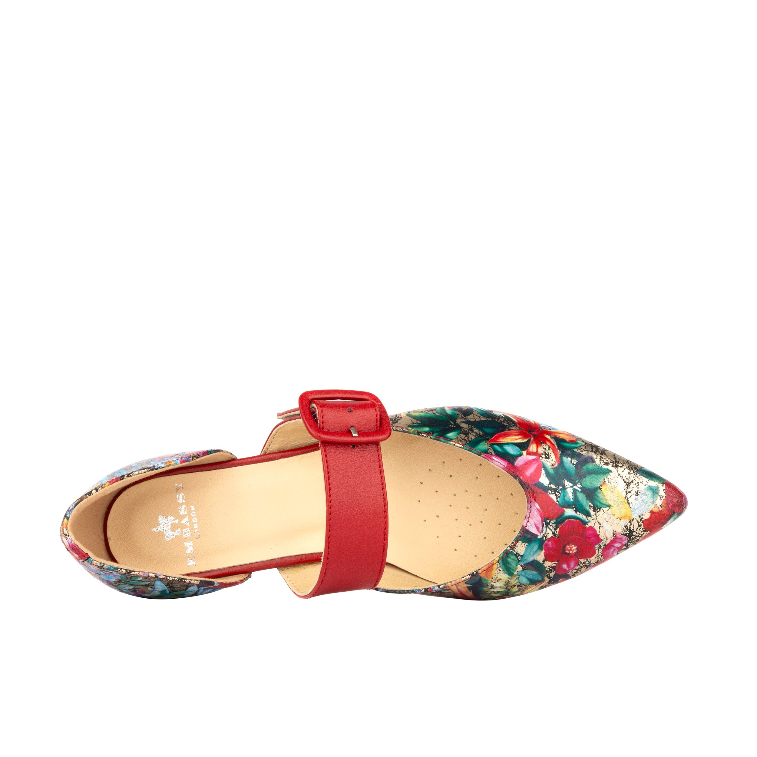 Lush - Red & Floral - Women's leather pointed ballet pump with buckle strap