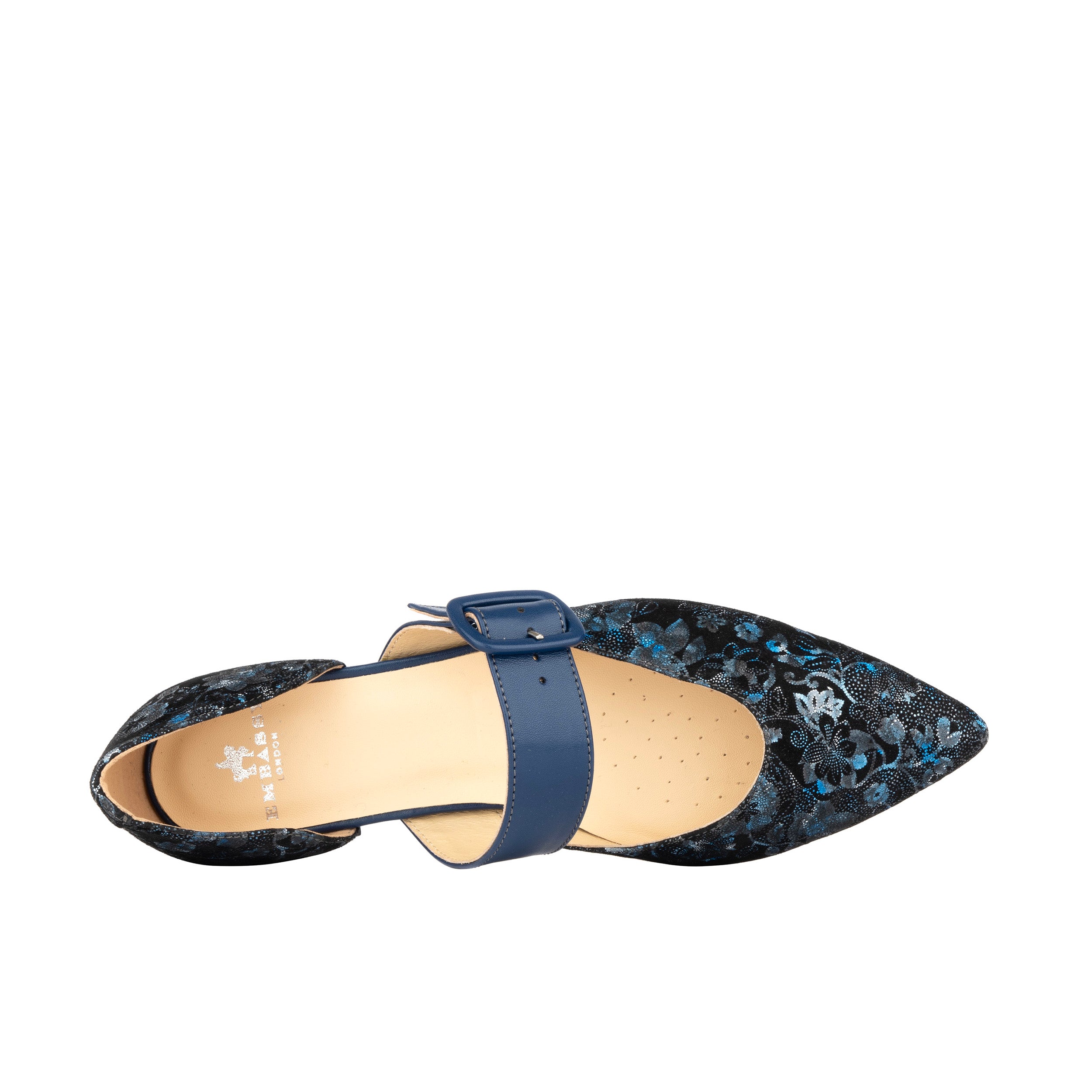 Lush - Navy & Floral - Women's leather pointed ballet pump with buckle strap