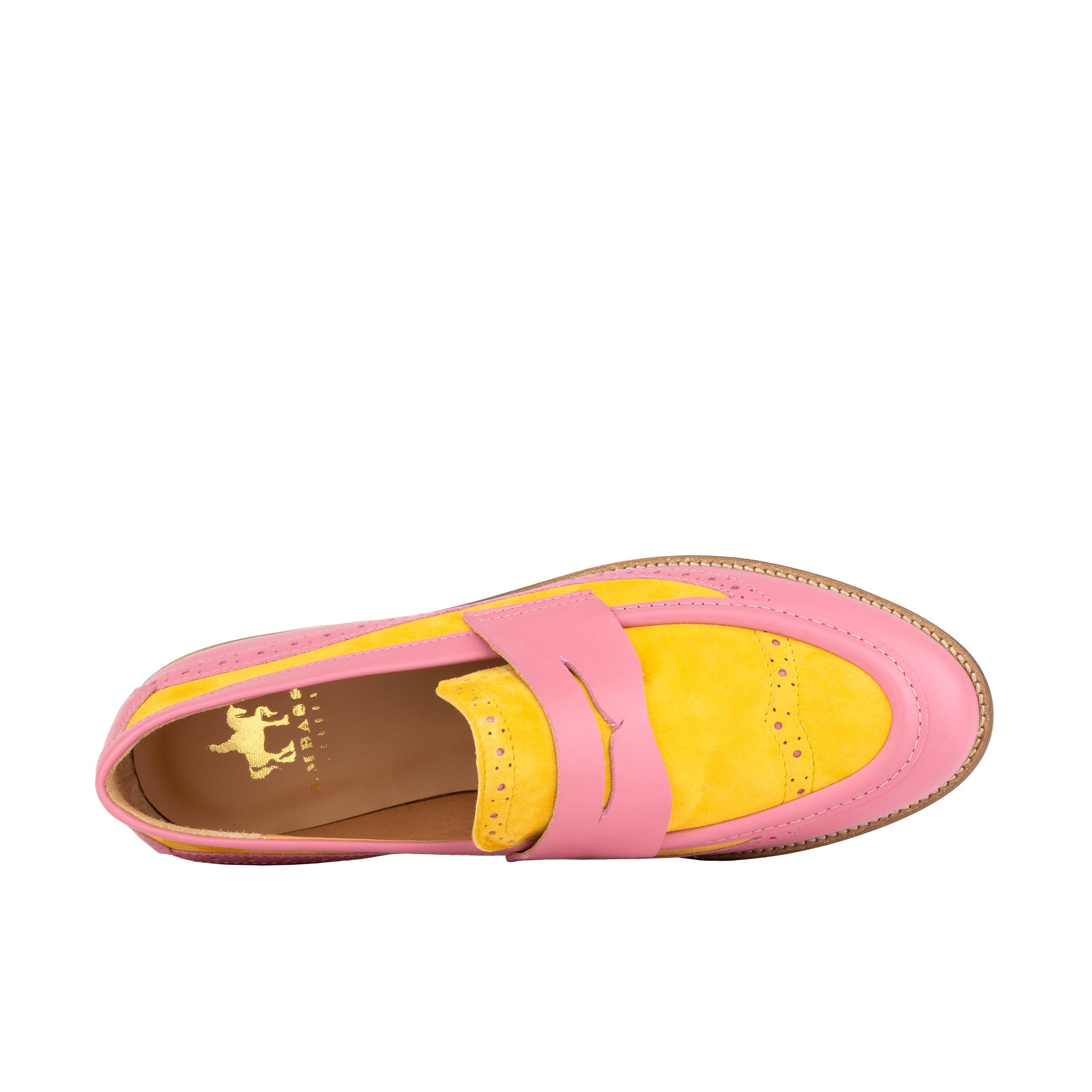 Angelina - Pink & Yellow - Women's Leather Almond Toe Penny Loafer with Broguing