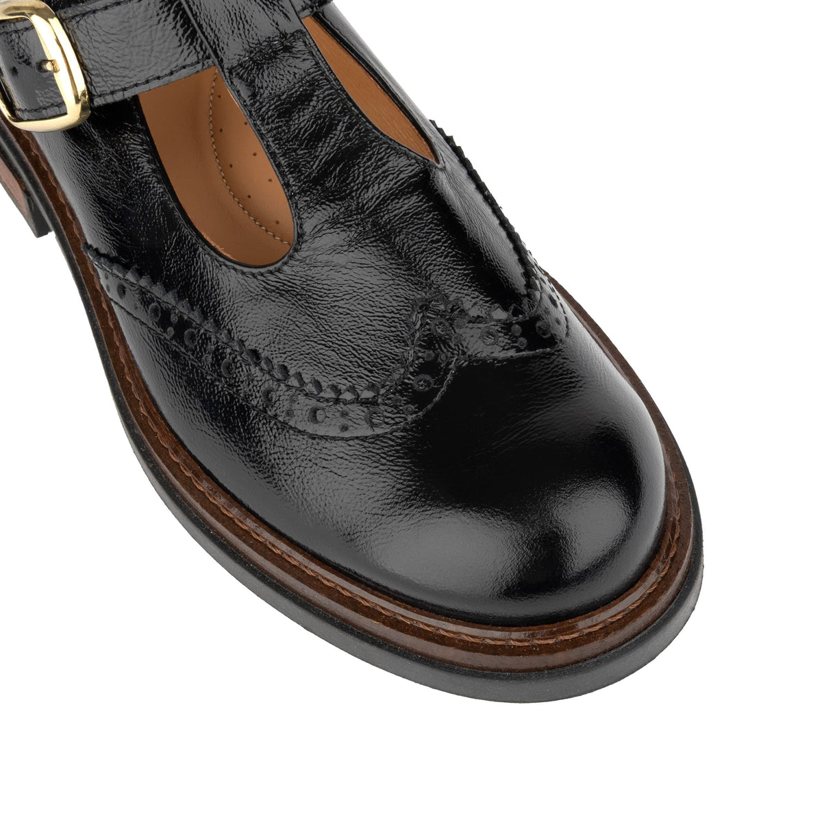 Miley - Black Women's Leather T-Bar Brogue Shoes