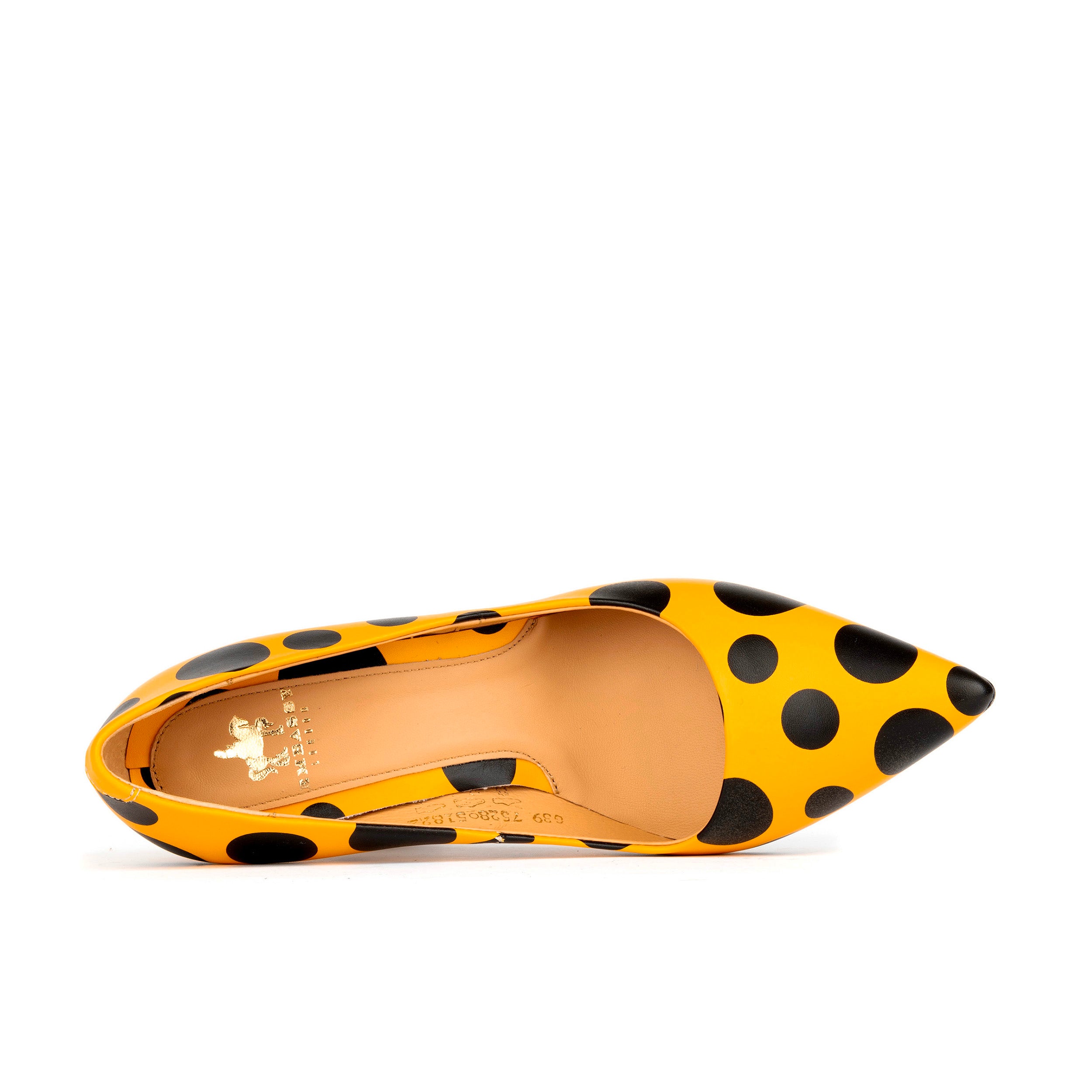 Emily - Black Orange Polka - Women's leather pointy 4 inch pump in orange and black dots