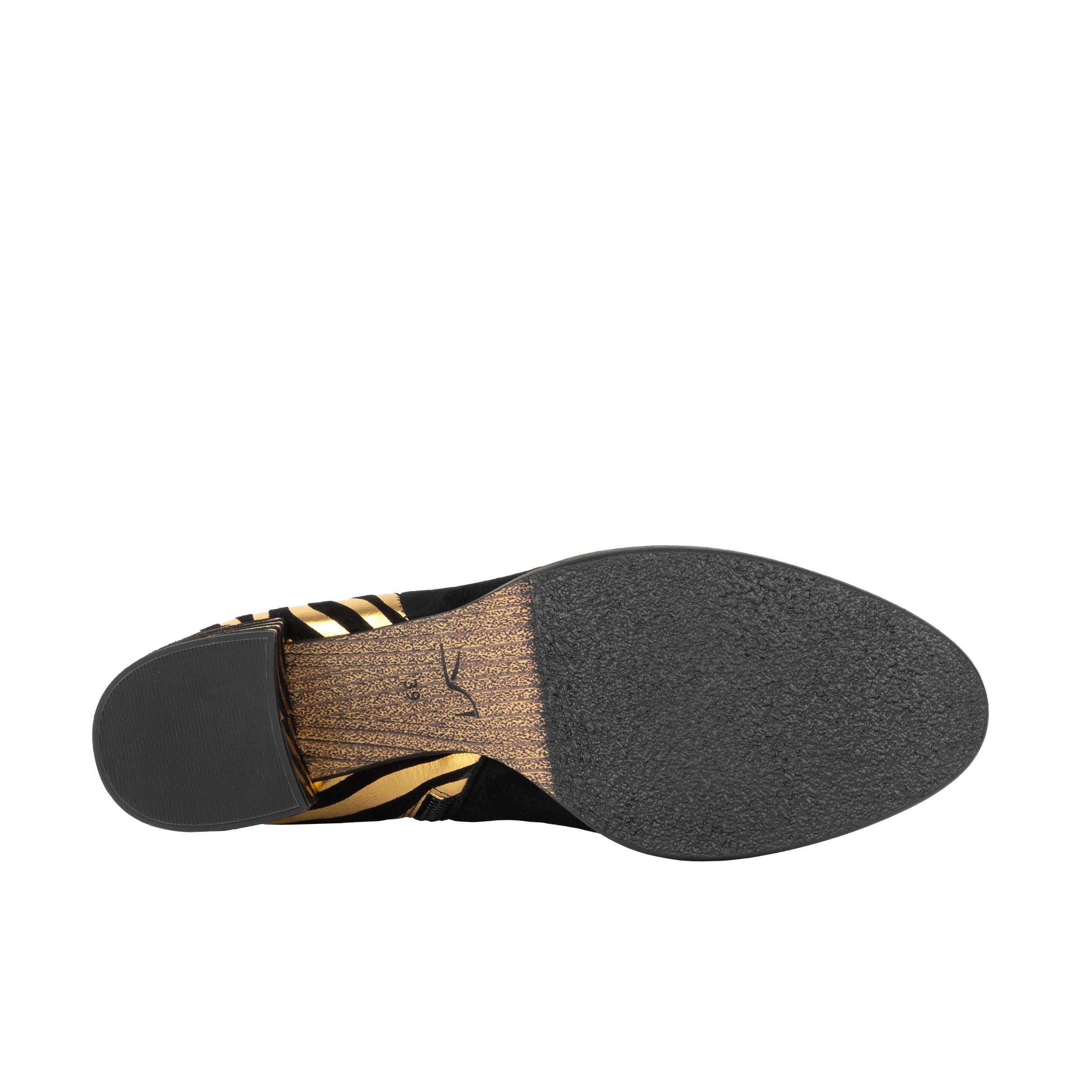 Impala - Black & Gold - Women's Suede Ankle Boot with Block Heel & Gold Foil Zebra Stripes