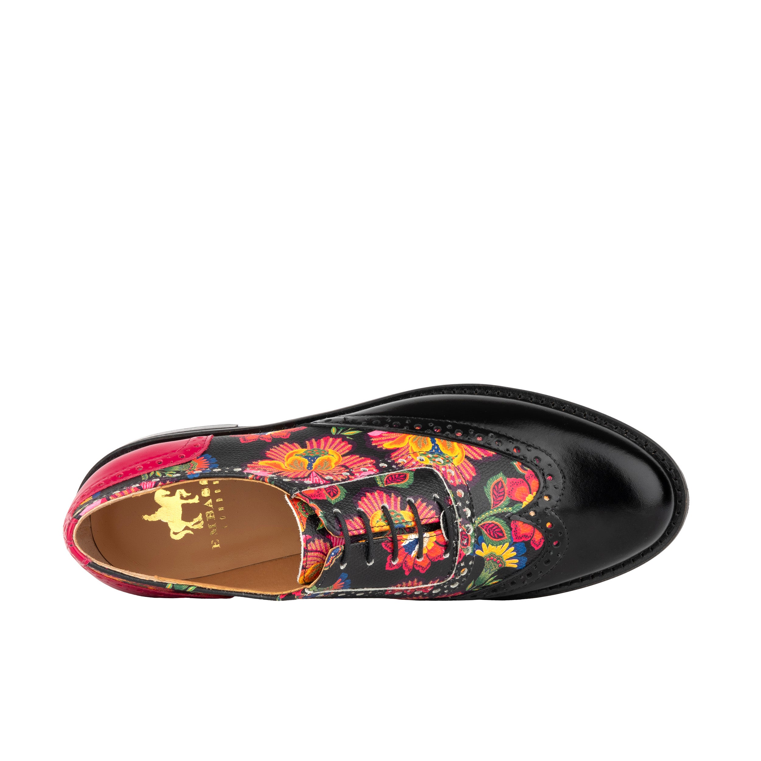 Vivienne - Black & Red Flowers - Women's oxford lace-up shoe with brogue details