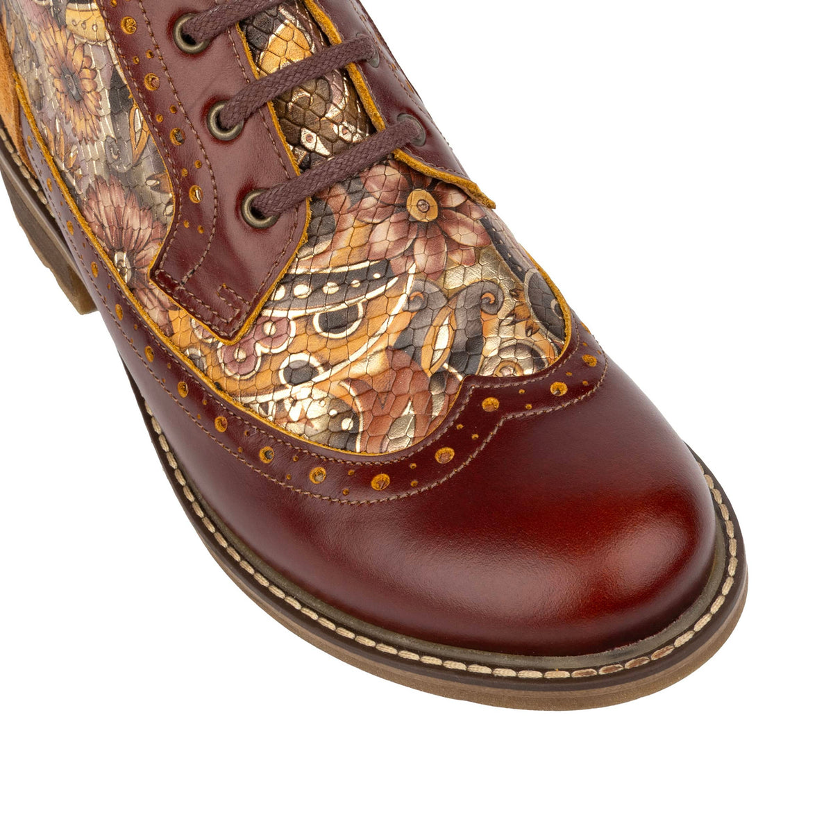 Milliner - Brown & Bronze Gold Flowers - Women's leather round toe rubber sole ankle boot in black