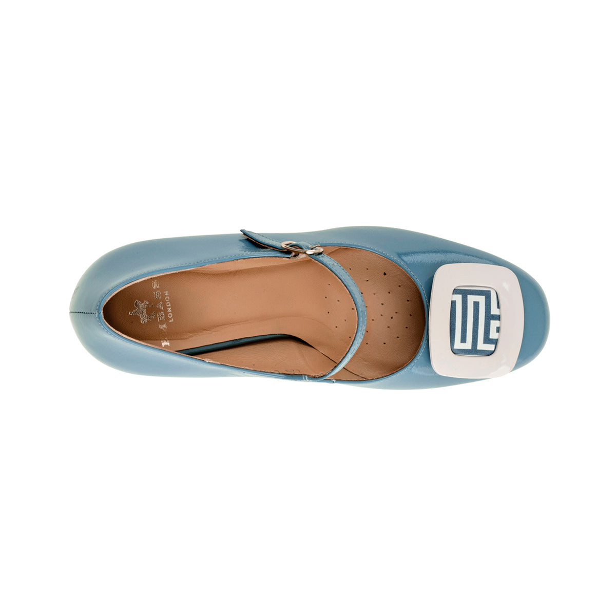 Button - Light Blue & Maze Print - Women's Leather Round-toe Mary Jane Pump with Block Heel
