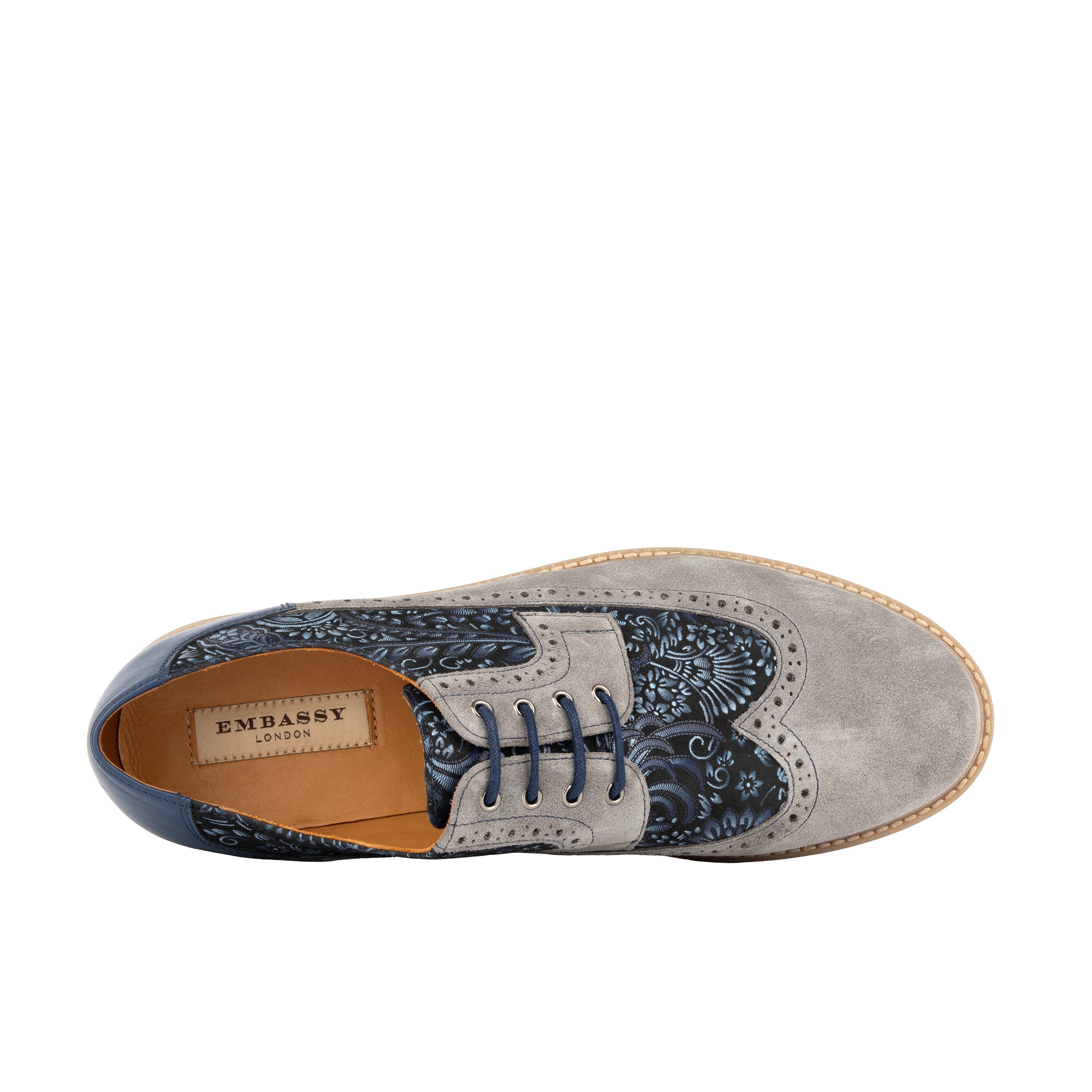 Cyclone - Grey, Blue & Silver Paisley - Men's Chunky Sole Leather & Suede Shoe with Paisley Print