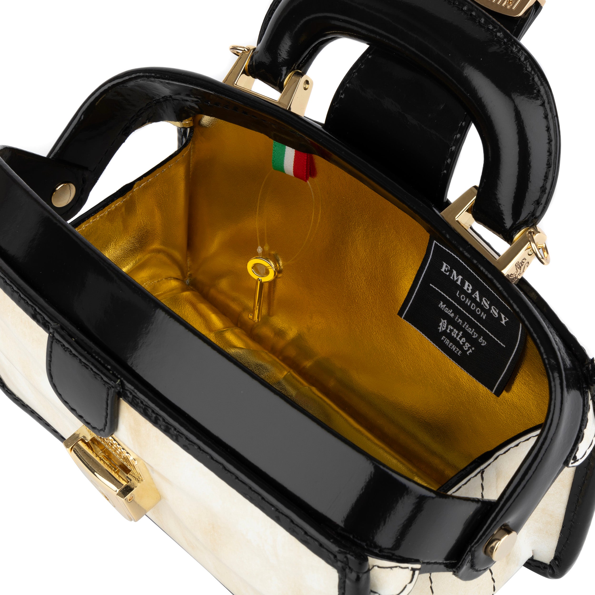 Gazelle Mini - White & Black - Women’s mini patent leather top handle & crossbody bag