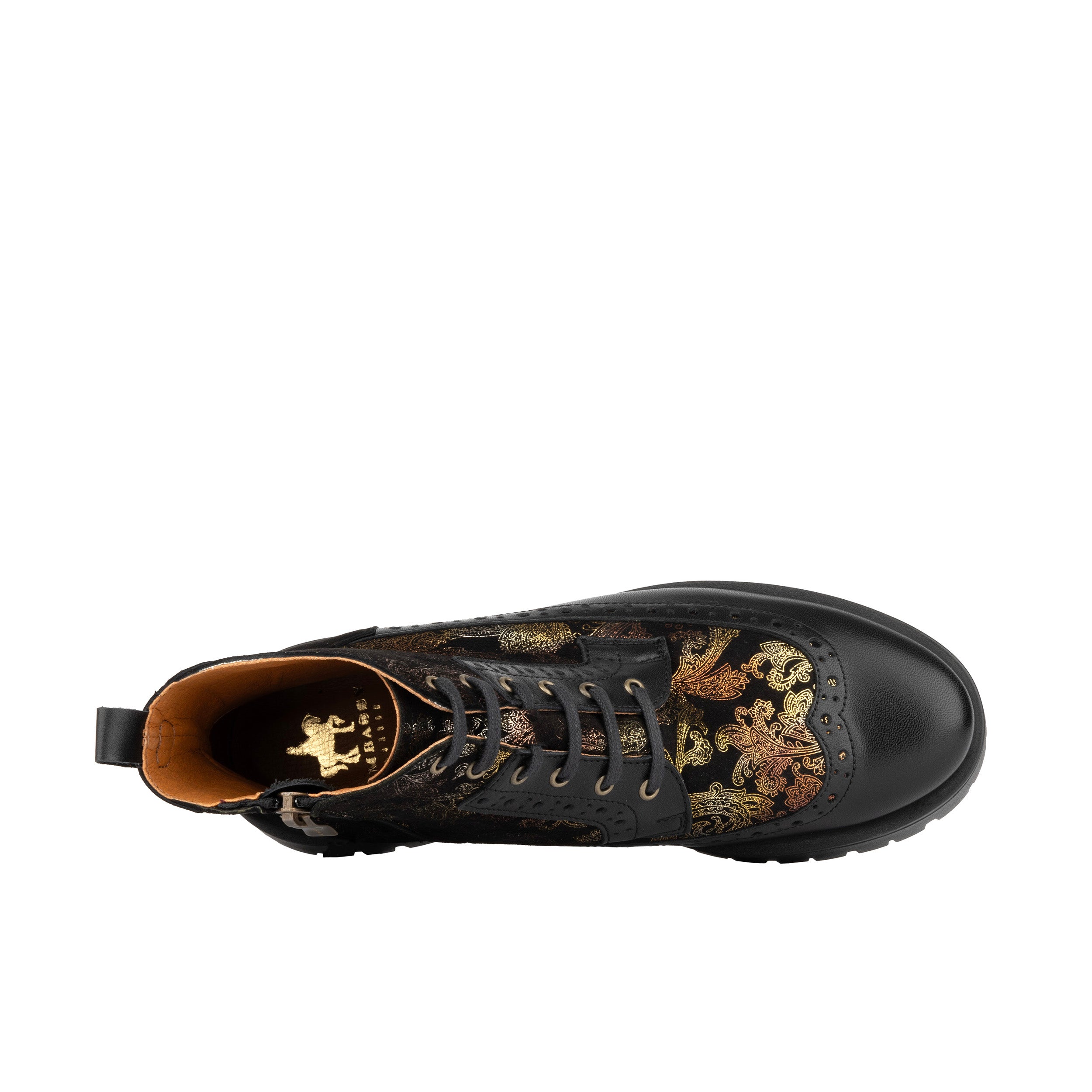 Hatter Platform - Black & Floral - Women's Leather ankle Lace-up Boot with chunky cleated sole