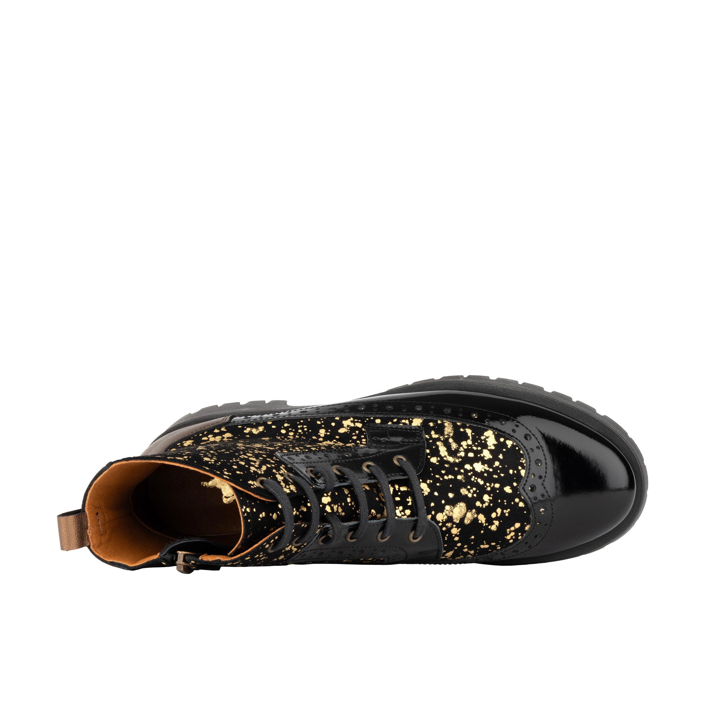 Hatter Platform - Drops - Women's ankle boot in golden paint drops on black leather