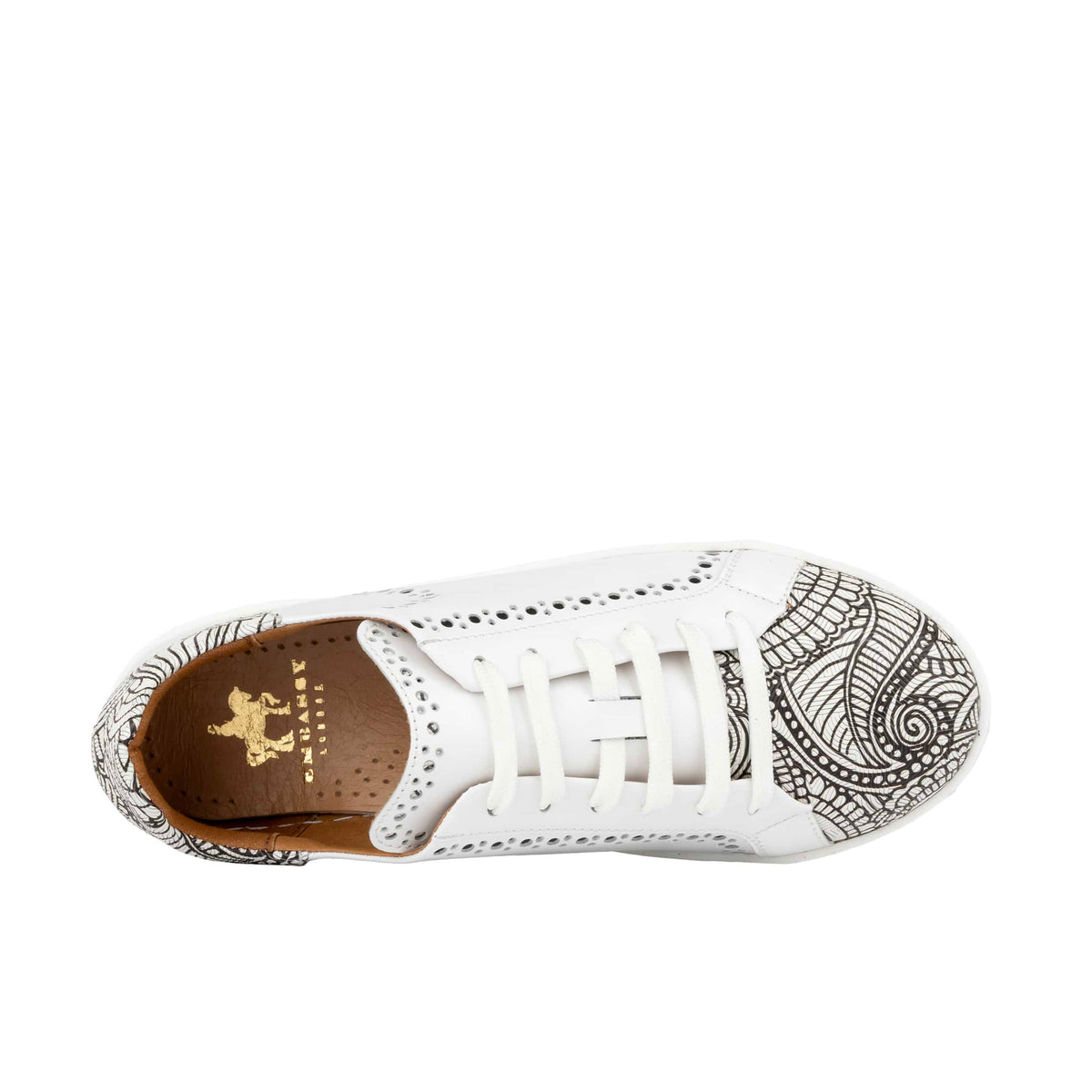 Serena - Black & White & Graphic Print - Women’s Leather Trainer with Brogue Details