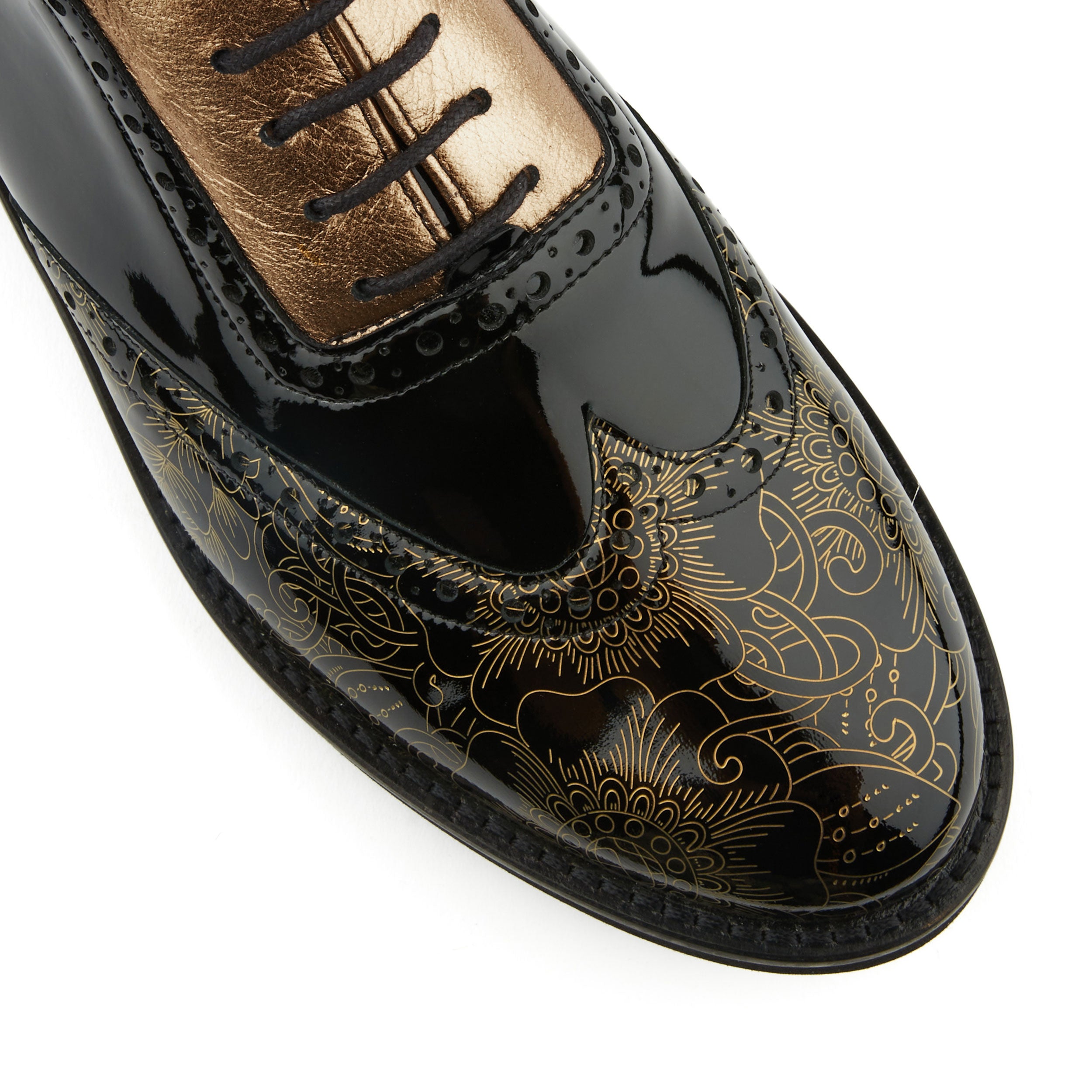 Vivienne - Gold Gloss - Women's oxfords with brogue detail in black gloss leather