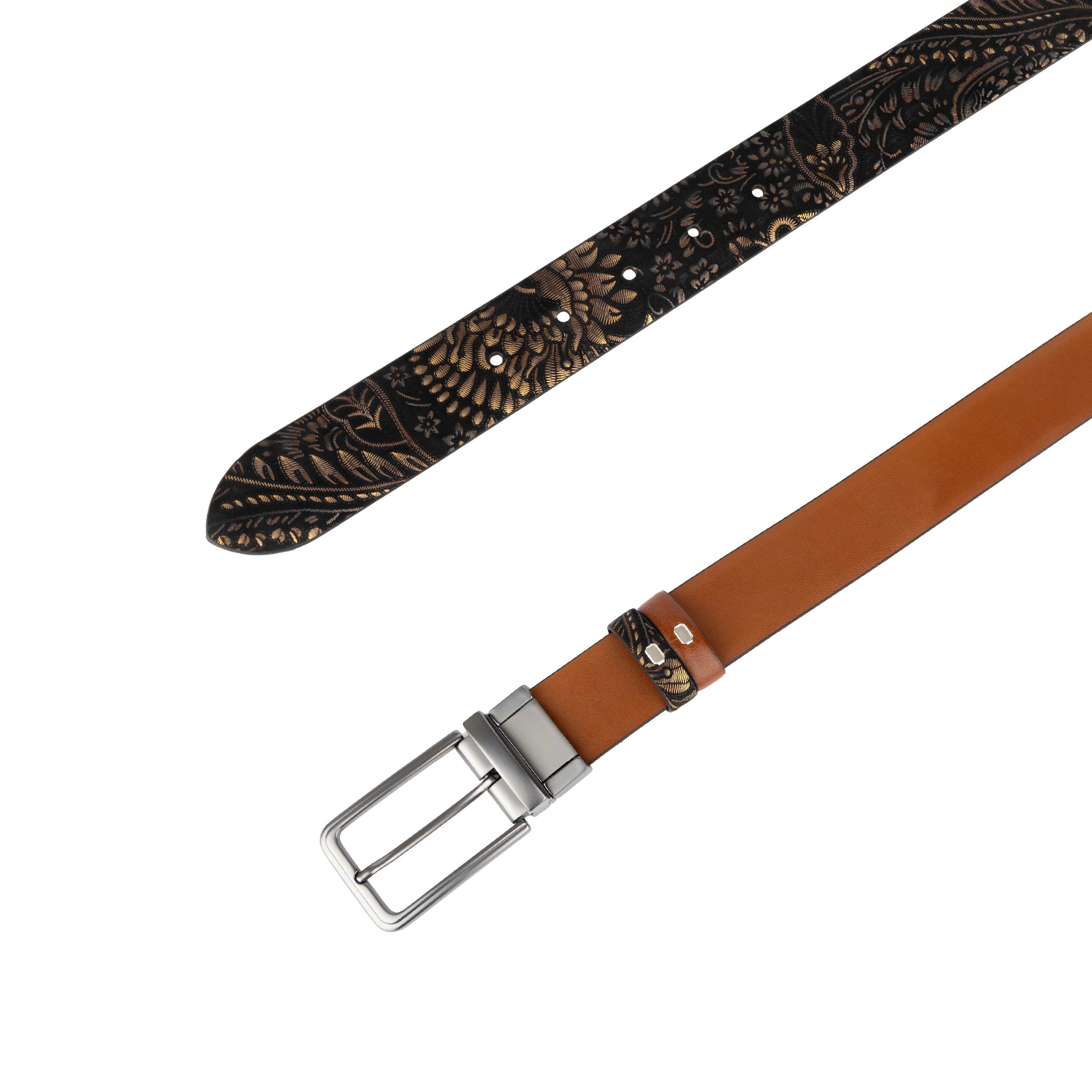 Reverse - Black & Gold Tan - Men's Leather Belt with gunmetal hardware
