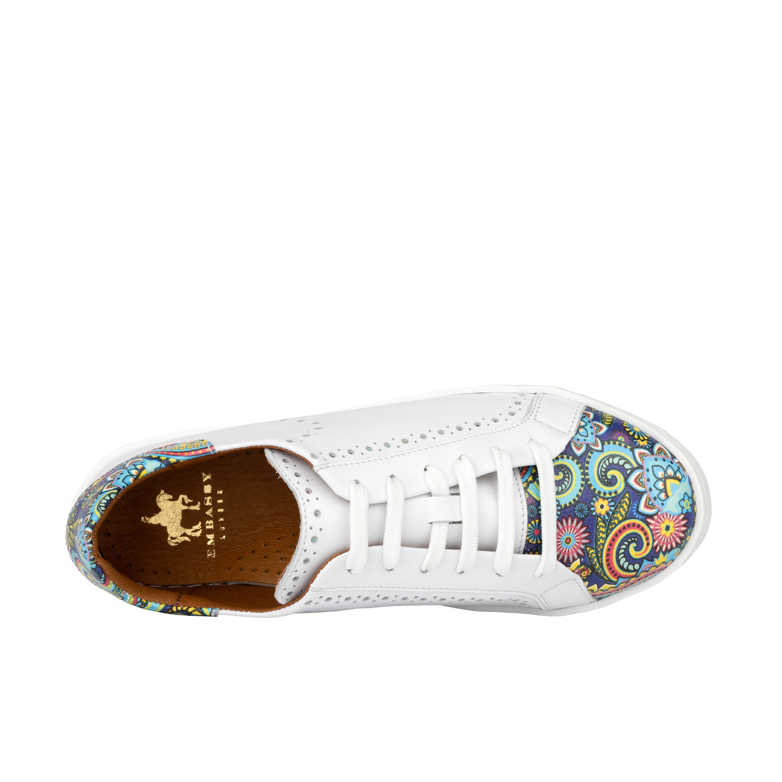 Serena - White & Festival Blue - Women’s Leather Trainer with Brogue Details